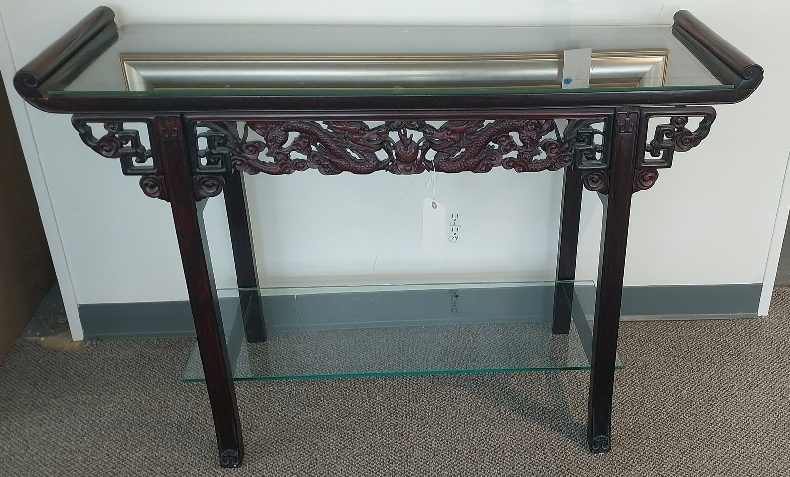 Hand Carved wood and glasstop foyer table -: Hand Carved wood and glasstop foyer table -
