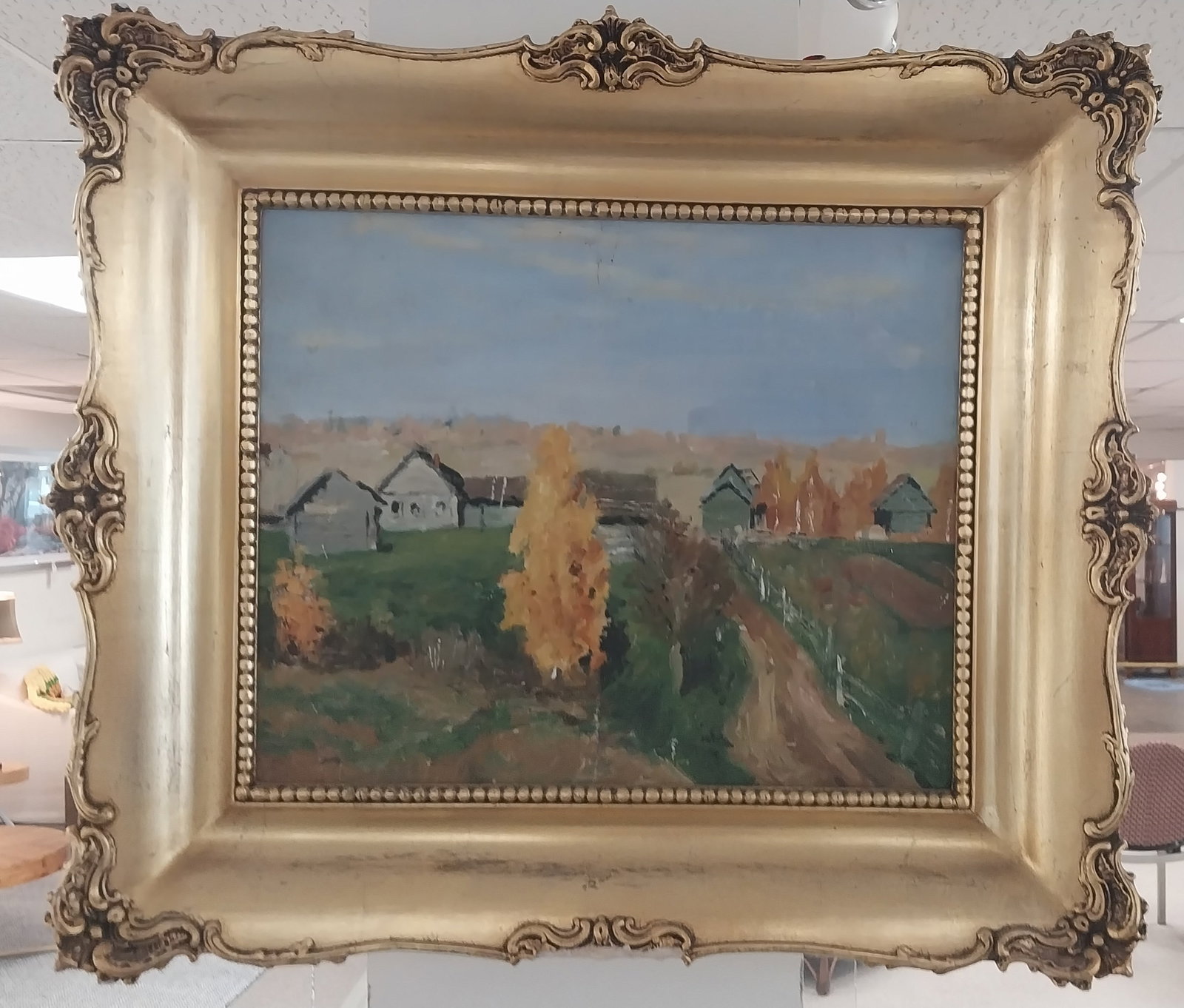 Framed Oil Painting, Country Setting, 25 x 29 in: Framed Oil Painting, Country Setting, 25 x 29 in