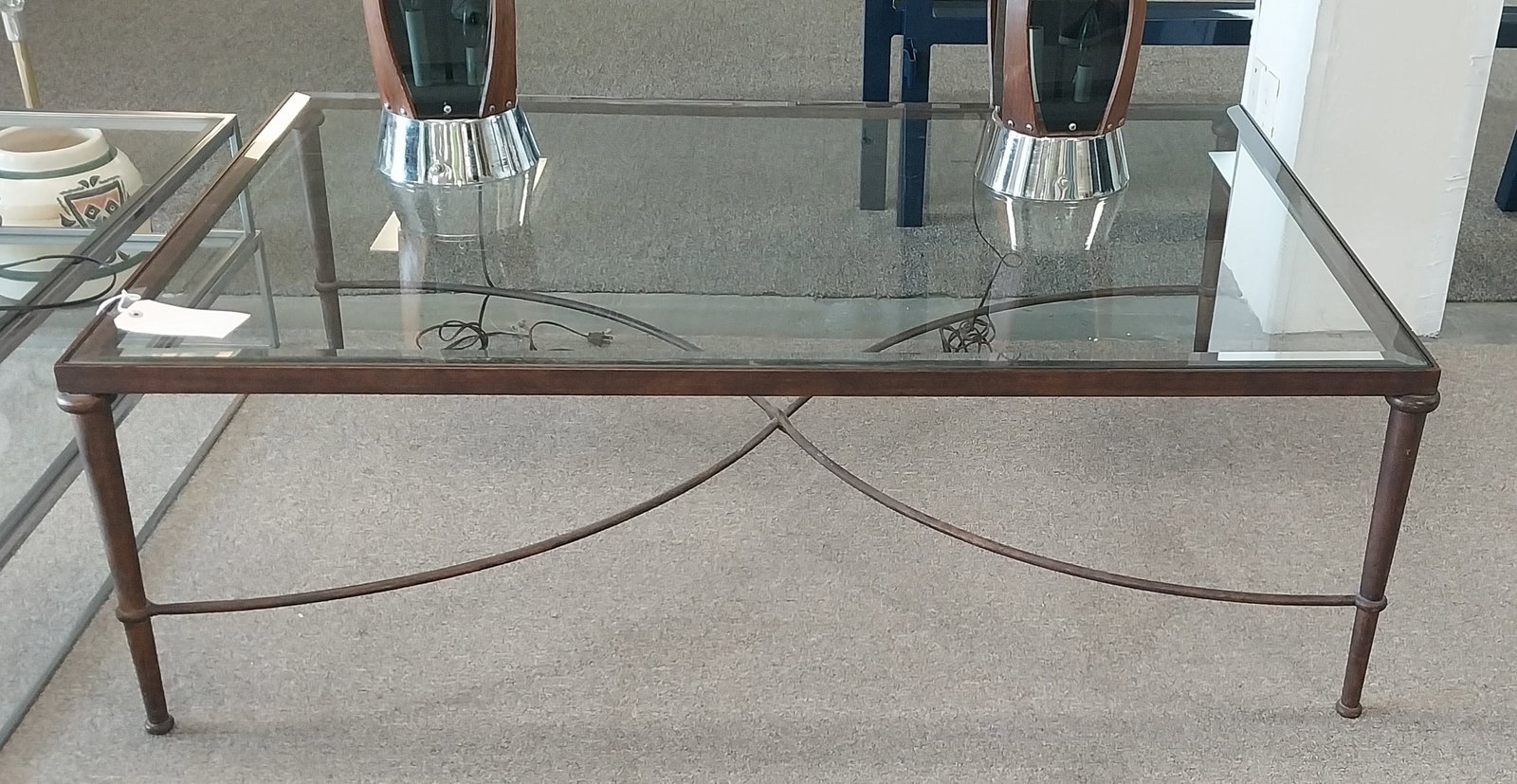 Glass Top Coffee Table with Metal Base, 35 x 55 In: Glass Top Coffee Table with Metal Base, 35 x 55 In