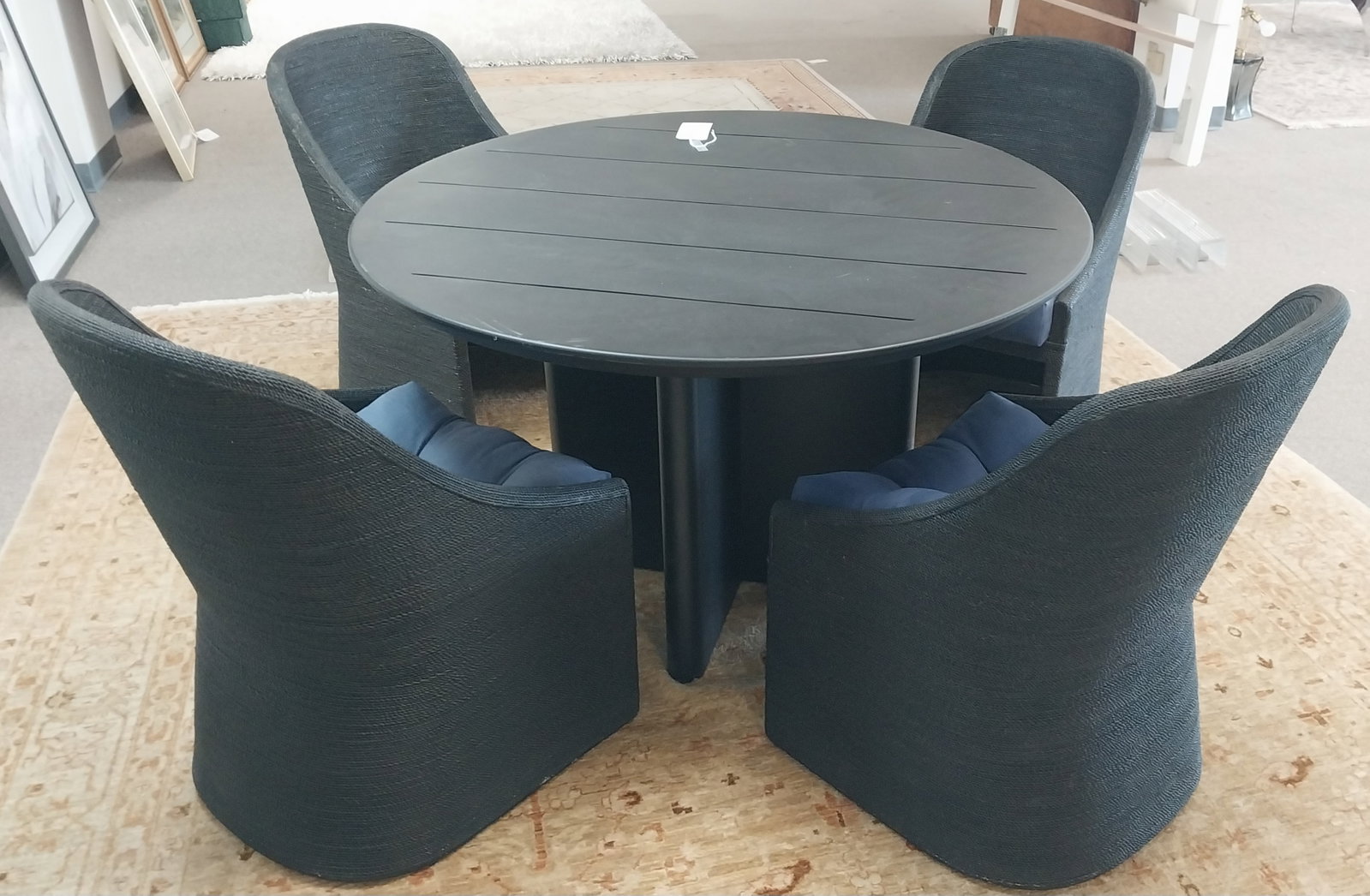 Outdoor Table with Four Patio Chairs, Black with Blue Cushions, Lightly Scratched, 48 In Diameter (1 of 3)