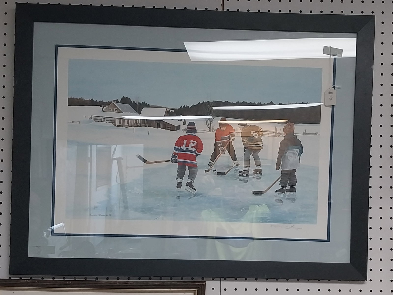 Kids Playing Hockey Lithograph by Patricia Bourque, 340/505, 25 x 33.5 In., frame has issues: Kids Playing Hockey Lithograph by Patricia Bourque, 340/505, 25 x 33.5 In., frame has issues