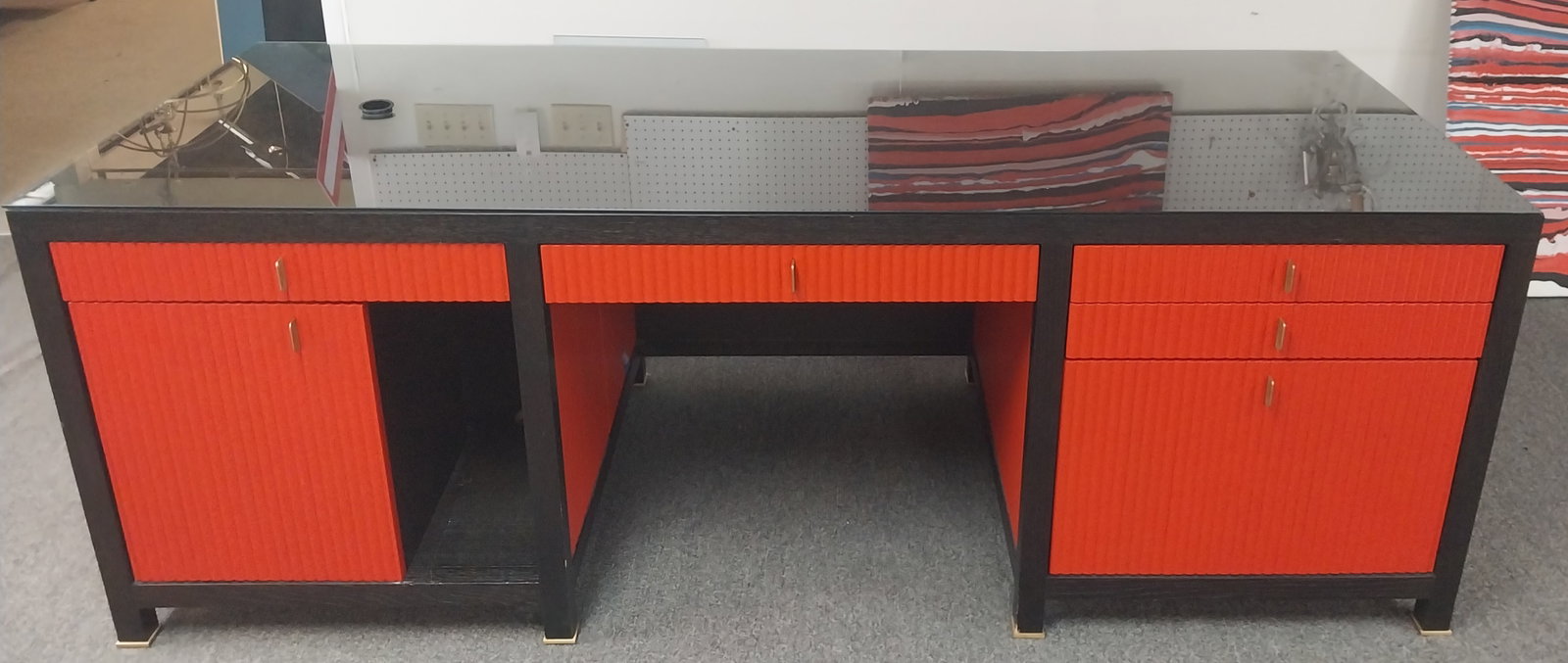 Wood and Red Lacquer Executive Desk, 90 x 38 In. (1 of 5)