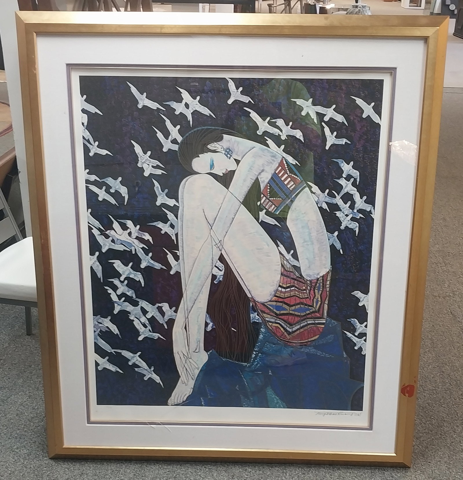 Lithograph by M. Kuang, Cracked Acrylic Panel (Near Feet), Needs to Be Replaced, 51.5 x 44 In. (1 of 4)