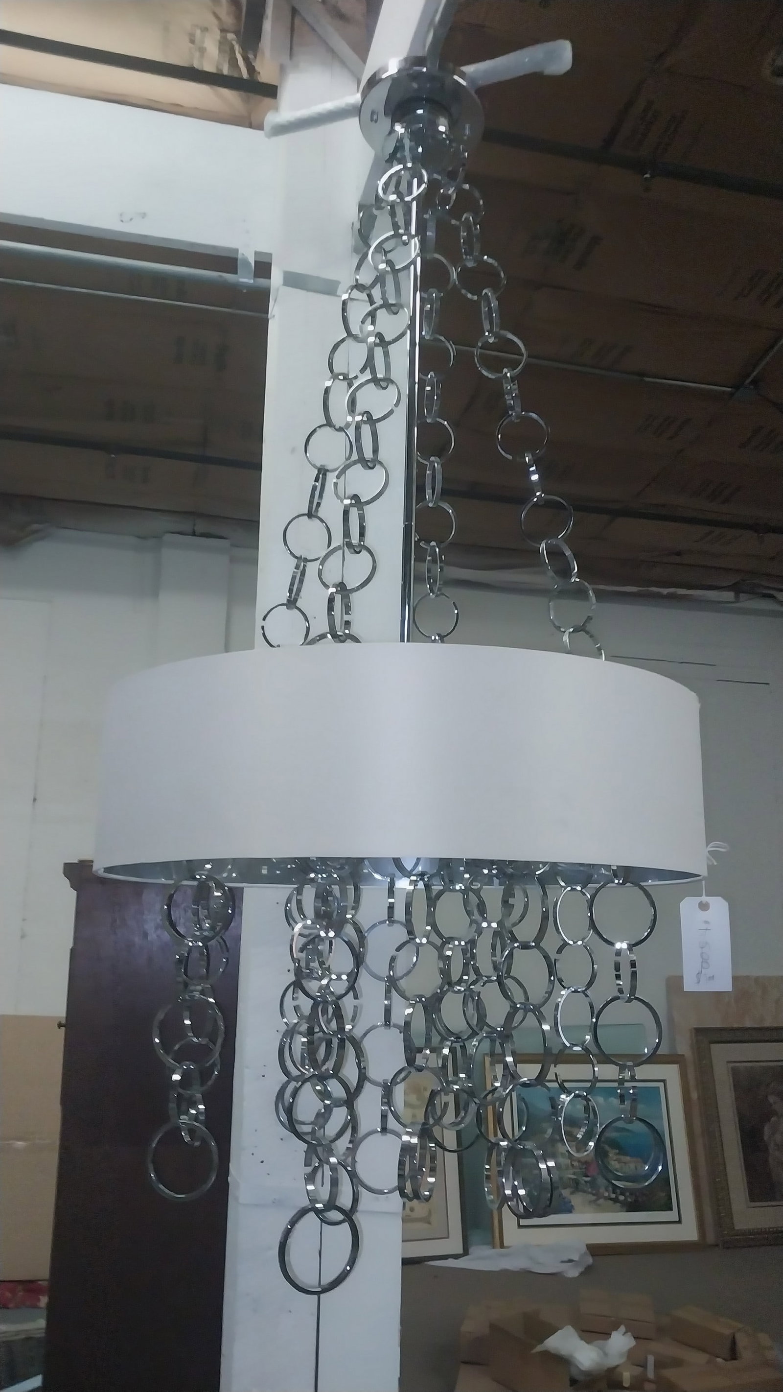 Chrome Drum Pendant Light, issues on drum, approx 64 x 32 in (1 of 3)