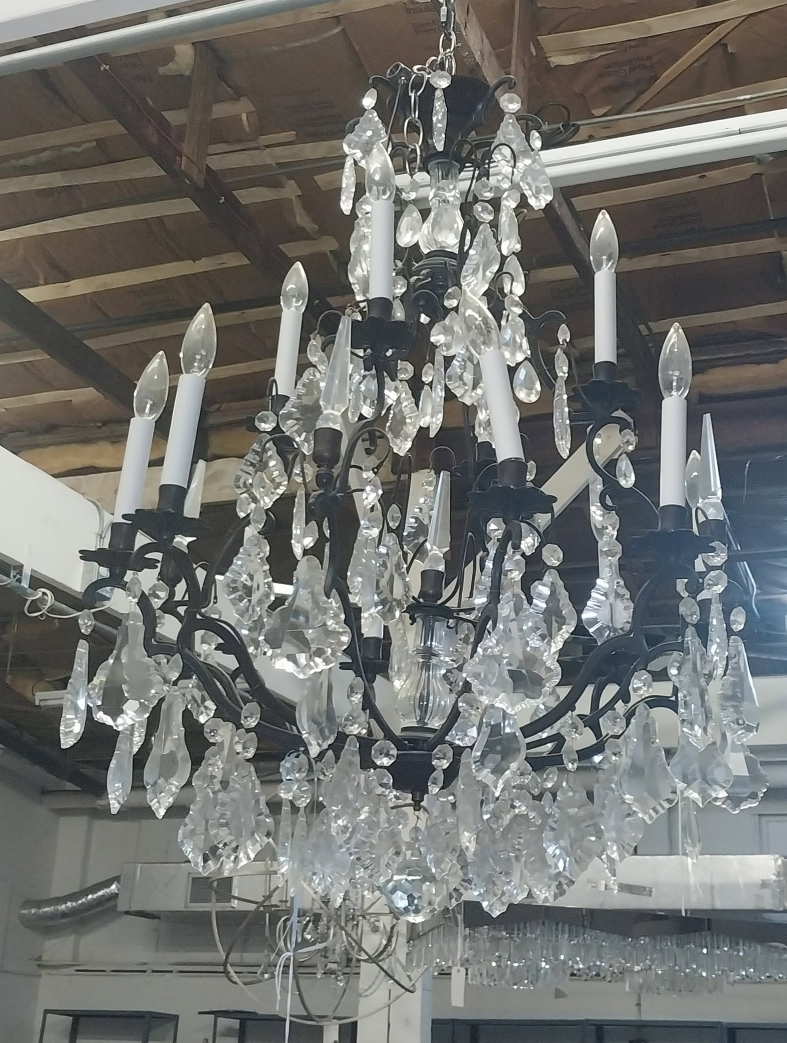 Vintage French-Style Chandelier, Blackened Metal and Crystal, approx 37 x 27 in: Vintage French-Style Chandelier, Blackened Metal and Crystal, approx 37 x 27 in