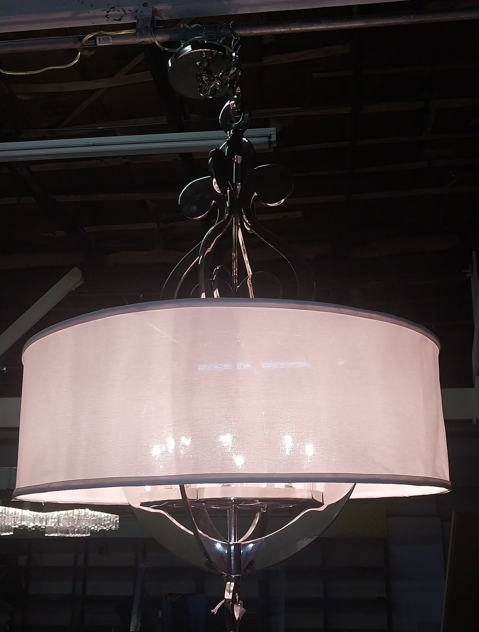 8-Light Chandelier with Nickel Finish & Sheer Drum Shade, approx 43 H x 35 in W: 8-Light Chandelier with Nickel Finish & Sheer Drum Shade, approx 43 H x 35 in W