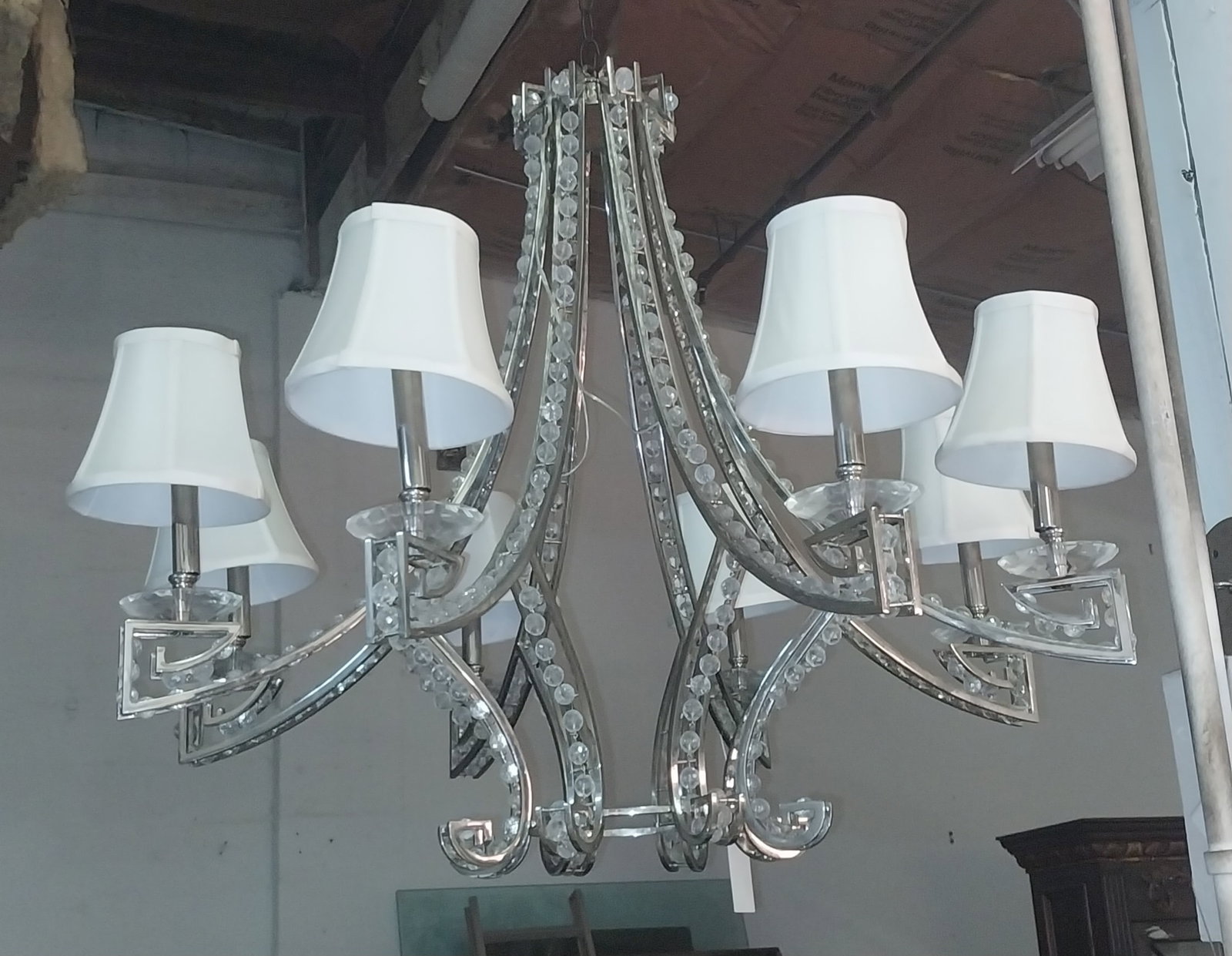 Vintage Style Chandelier, Crystals in Metal Frame, 8 Lights with White Shades, approx 37in (1 of 2)