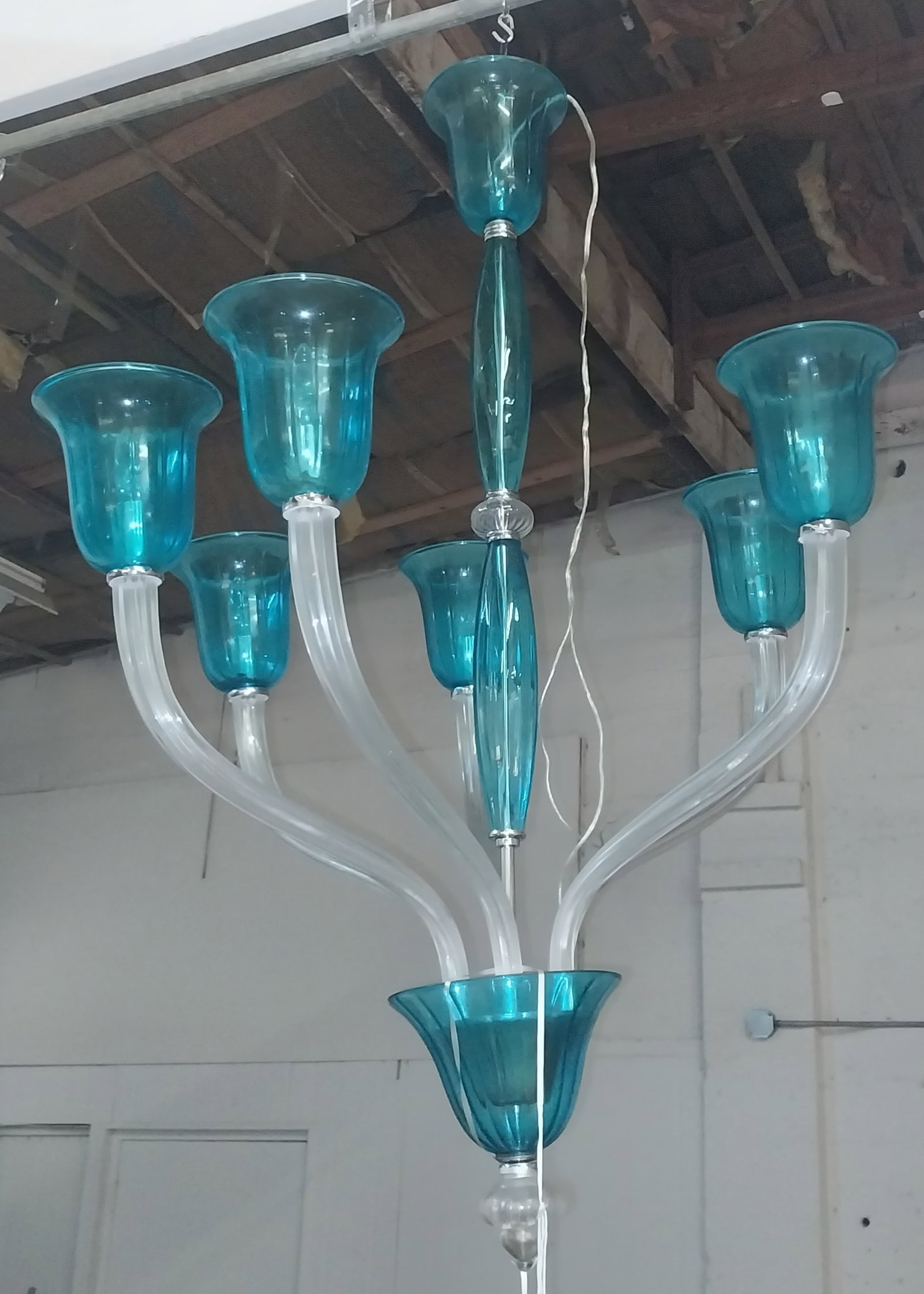 Murano Glass Chandelier, Turquoise, small crack, approx 46in (1 of 2)