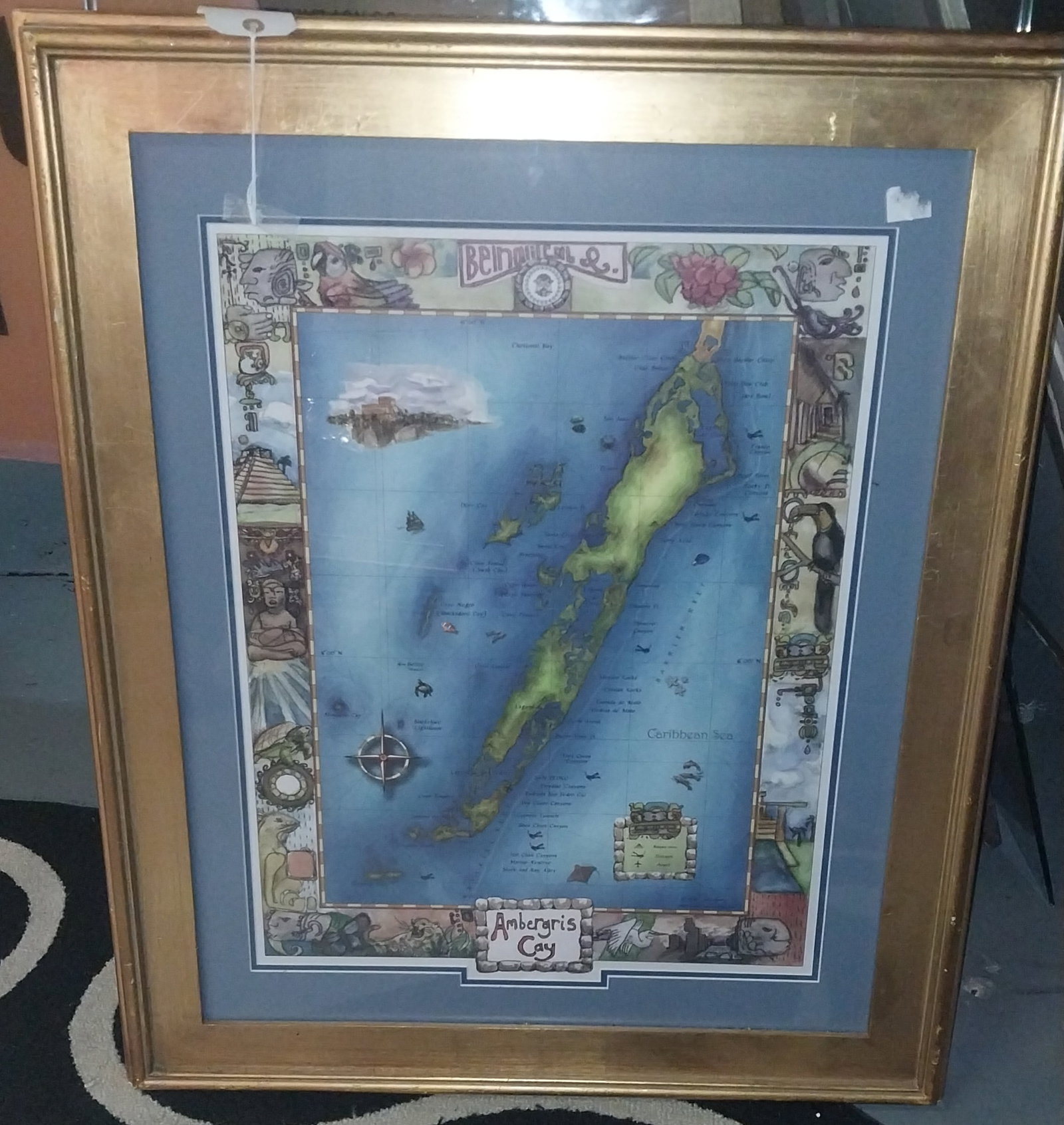 Ambergris Cay Map Print, 36 x 30 in, frame has small issues (1 of 2)