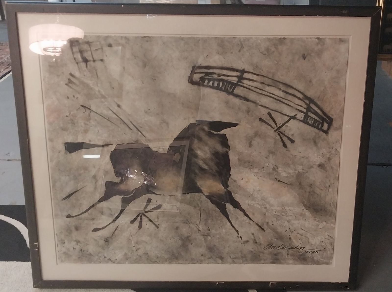 Framed Lithograph by Andersen, Replica of Cave Art, 48 x 56.5 in, frame has issues: Framed Lithograph by Andersen, Replica of Cave Art, 48 x 56.5 in, frame has issues