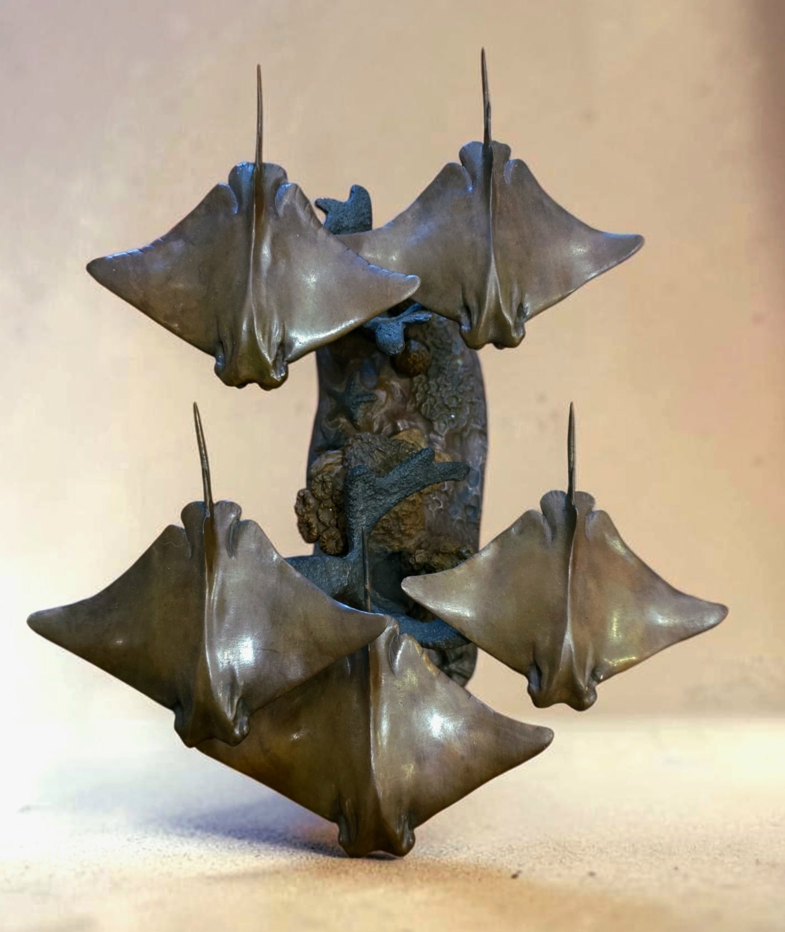 Manta ray bronze sculpture, Antique: 13" x 6" Manta ray bronze sculpture on wood base, Antique, Signed