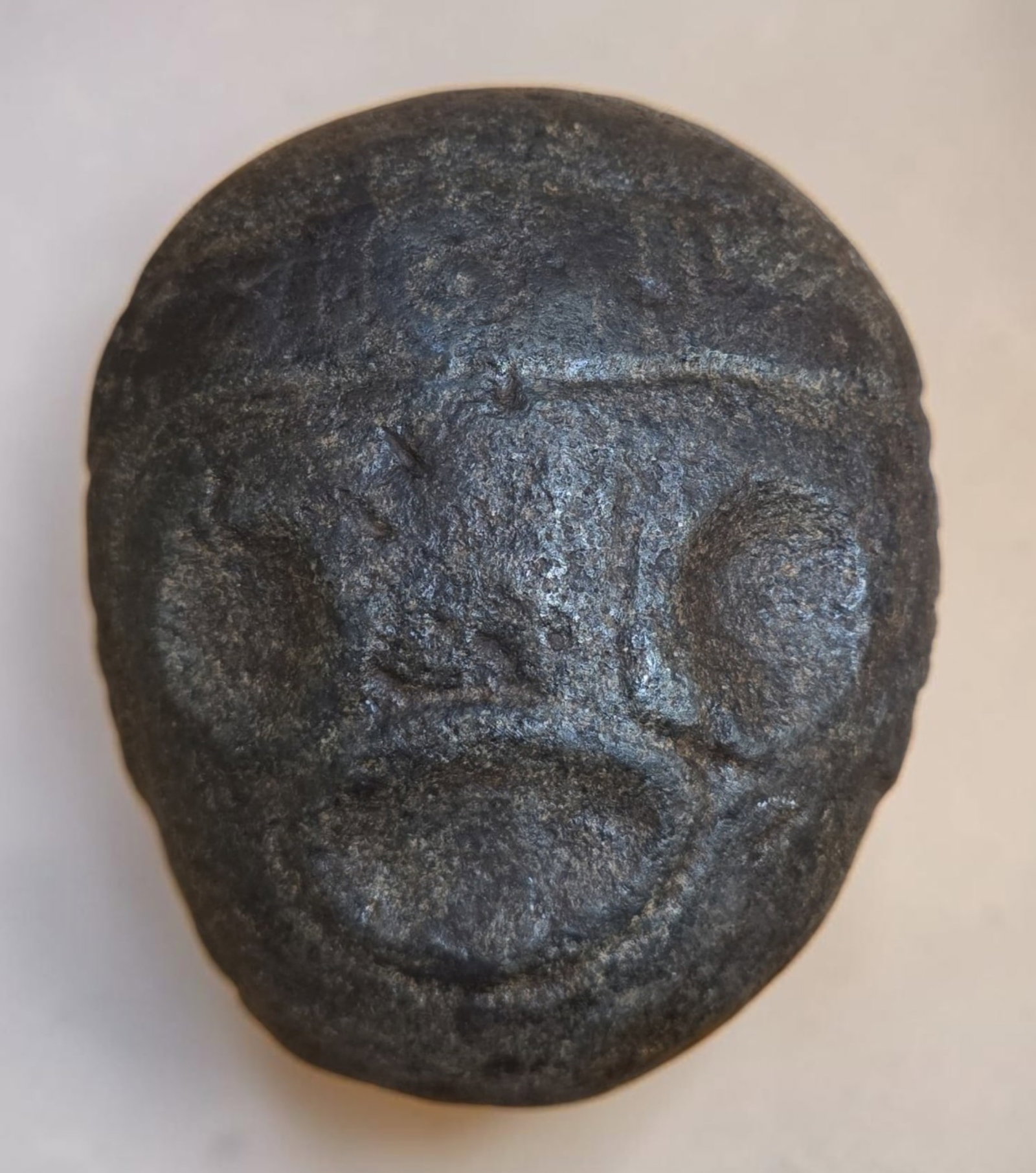 Pre-Columbian Taino Zemi Stone: 4" x 4.25" Pre-Columbian Taino Zemi Stone, Effigy Hard Stone Carving, Taino Culture, 800-1200 C.E.