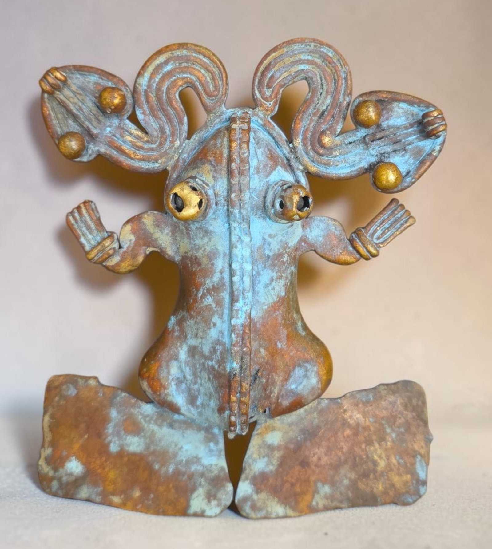 Pre-Columbian Panamanian frog tumbaga: 5.75" x 4.75" Pre-Columbian Panamanian frog tumbaga/ depletion guilding, Wide-Set Globular Eyes, Stylized Limbs, Symmetric Scroll Serpent Headdress, Panamanian Culture, Exact Age Unkown