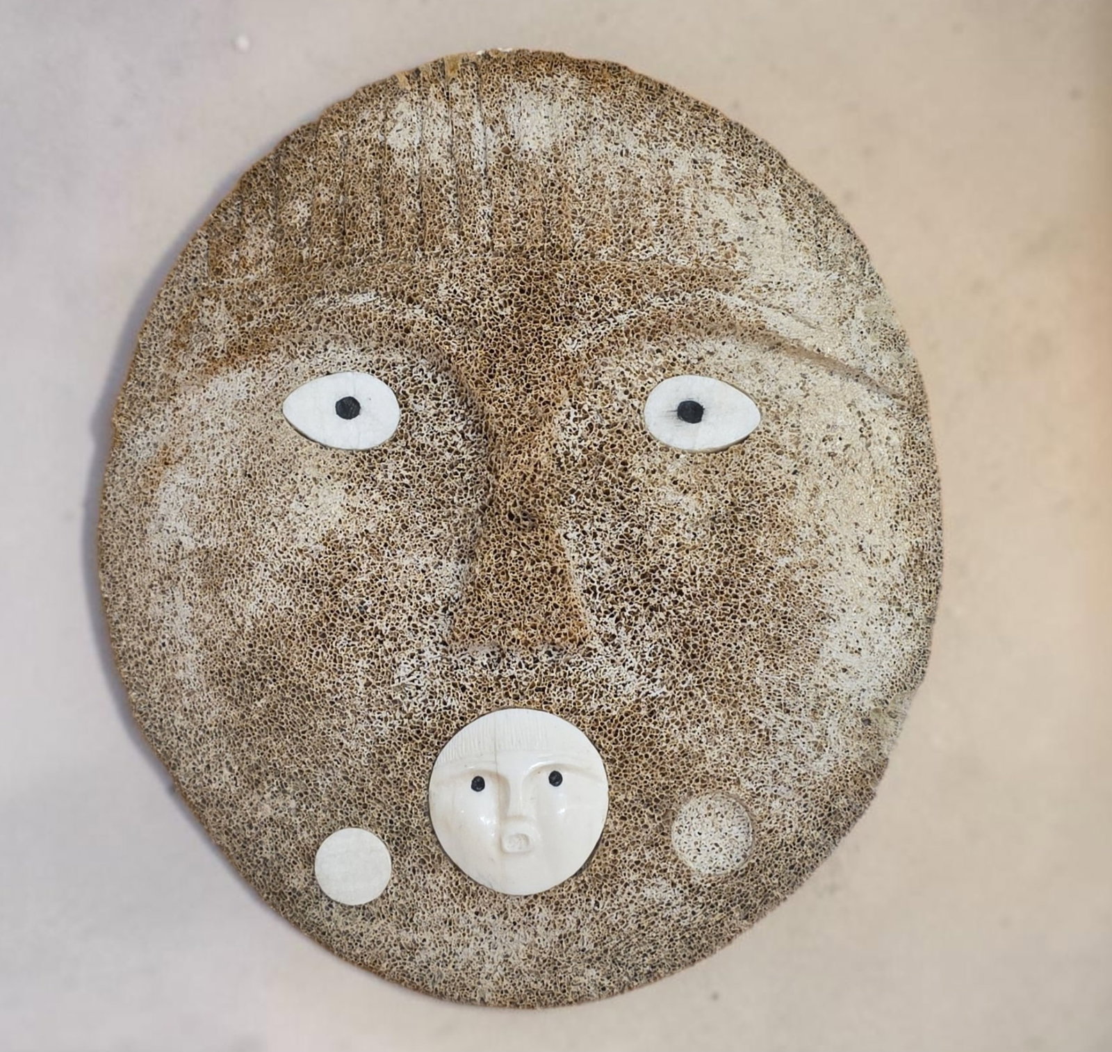 Antique Alaskan ceremonial Inuit mask: 7" Antique Alaskan ceremonial Inuit mask, Integrated Inua Spirit Face in Mouth, Fossilized Whalebone, Balen Inlay Eyes, Shishmaref or King Islands, Ceremonial Shamanic Tool