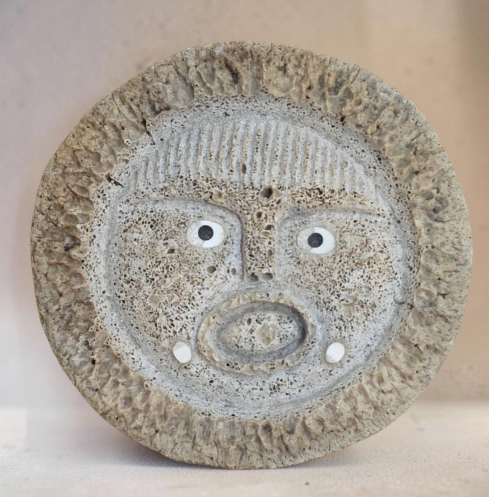 Antique Alaskan Indigenous carving, Fossilized: 6.75" Antique Alaskan Indigenous carving, Fossilized whalebone, Inupiaq Inuit Carved Spirit Mask, Expressive central face with inlay, border mimicking tradiitonal regalia, Coastal Alaskan Communities,