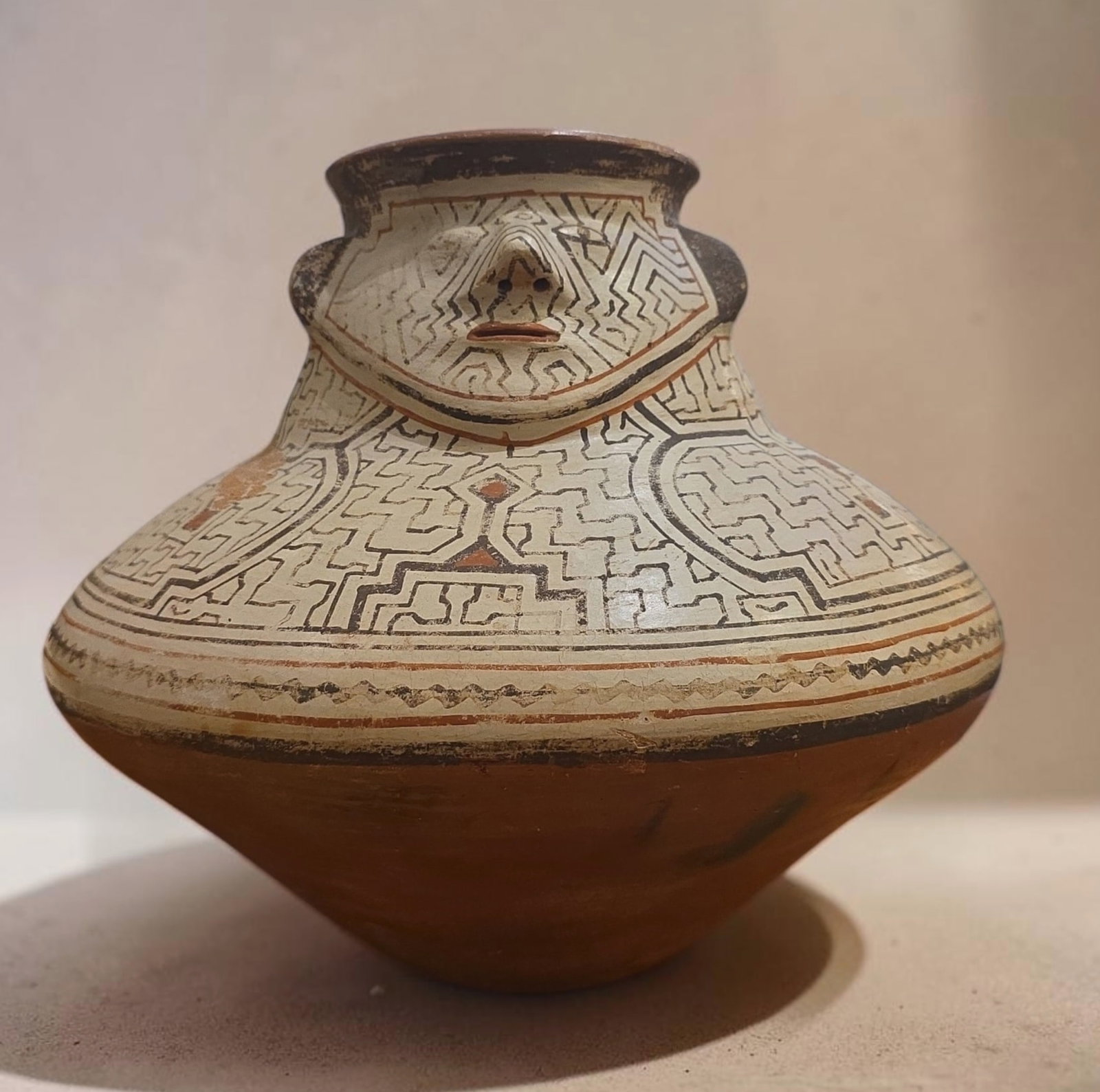 Shipibo-Conibo Anthropomorphic pottery vessel: 12" x 12" Shipibo-Conibo Anthropomorphic pottery vessel, Amazonia Pottery Vessel, Peru, Polychrome Geometric Kene Pattern, Water Jar, Late 19th Century