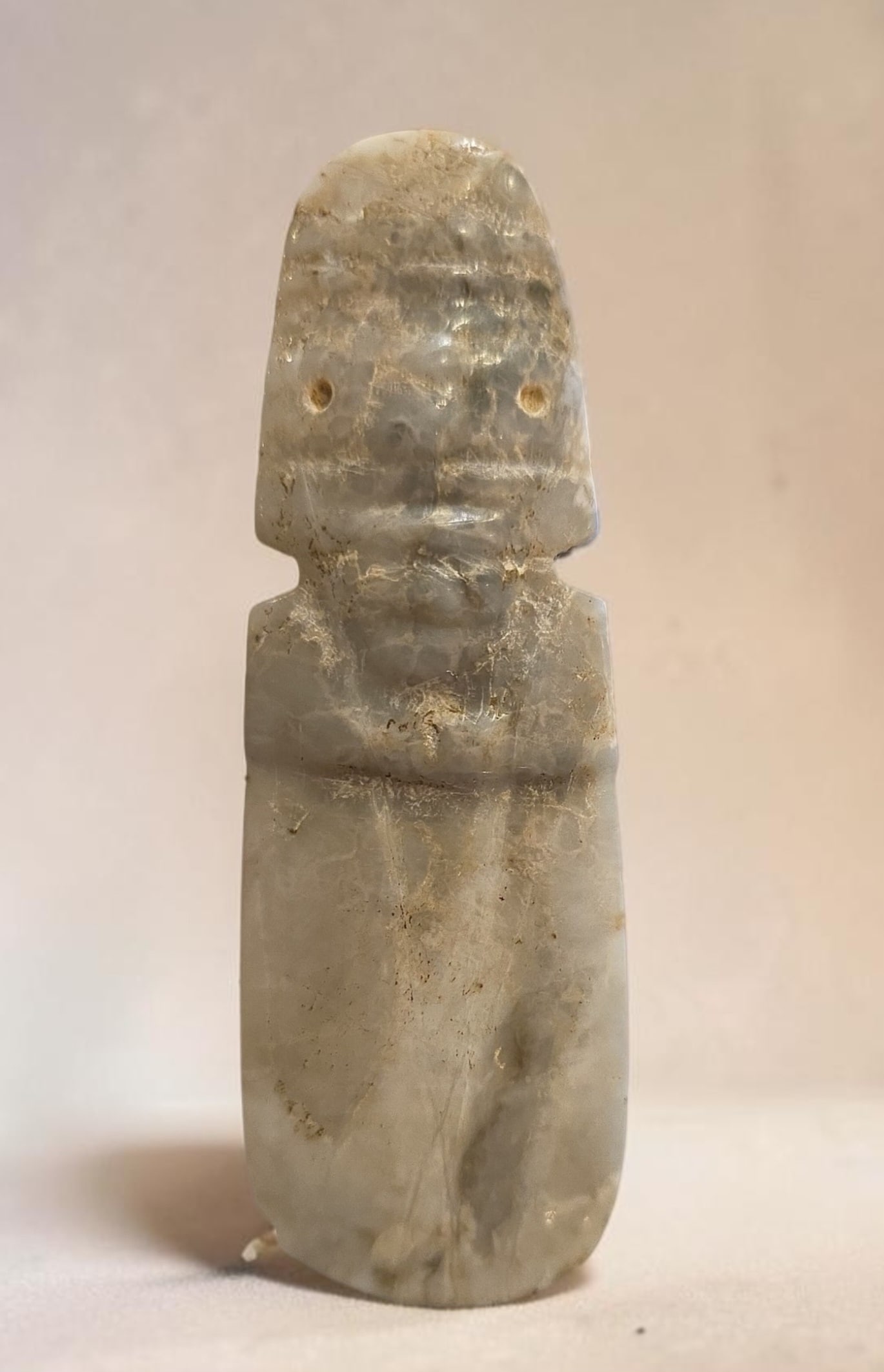 Pre-Columbian avian jade Celt Costa Rica: 1.5" x 4.5" Pre-Columbian avian jade Celt Costa Rica , Heavy Patina and Calcification, Translucent Jade, Shaman Features, Nicoya Costa Rica, 300-900 C.E.