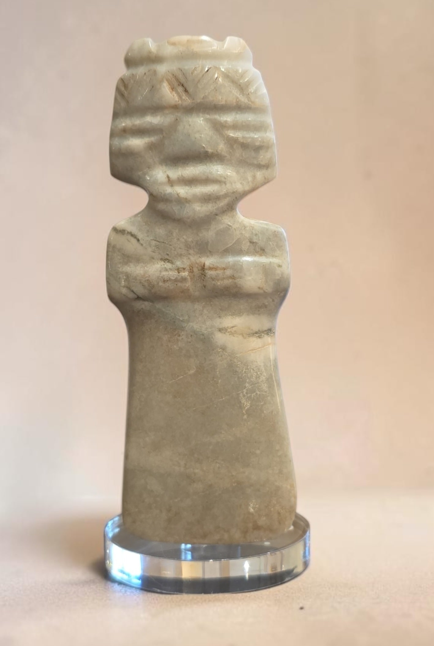 Pre-Columbian avian jade Celt Costa Rica: 4" x 1.5" Pre-Columbian avian jade Celt Costa Rica , Heavy Patina and Calcification, Translucent Jade, Abstract Human Features, Nicoya Costa Rica, 300-900 C.E.