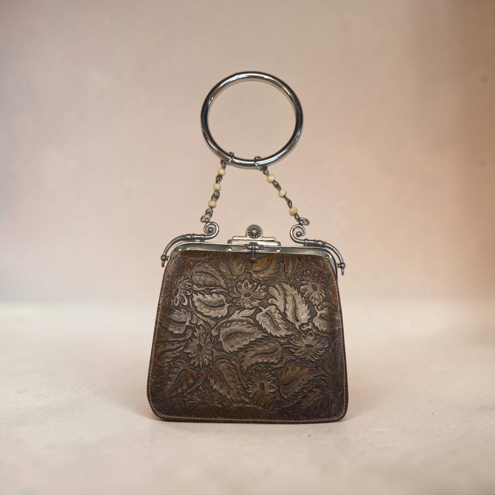 Vintage Leather Embossed Handbag with Sterling Silver: 4" x 8" Vintage Leather Embossed Handbag, Sterling Silver and Tibetan Coral Hand Twisted Chain, Stainless Steel Bracelet Handle, Antique Silver Frame