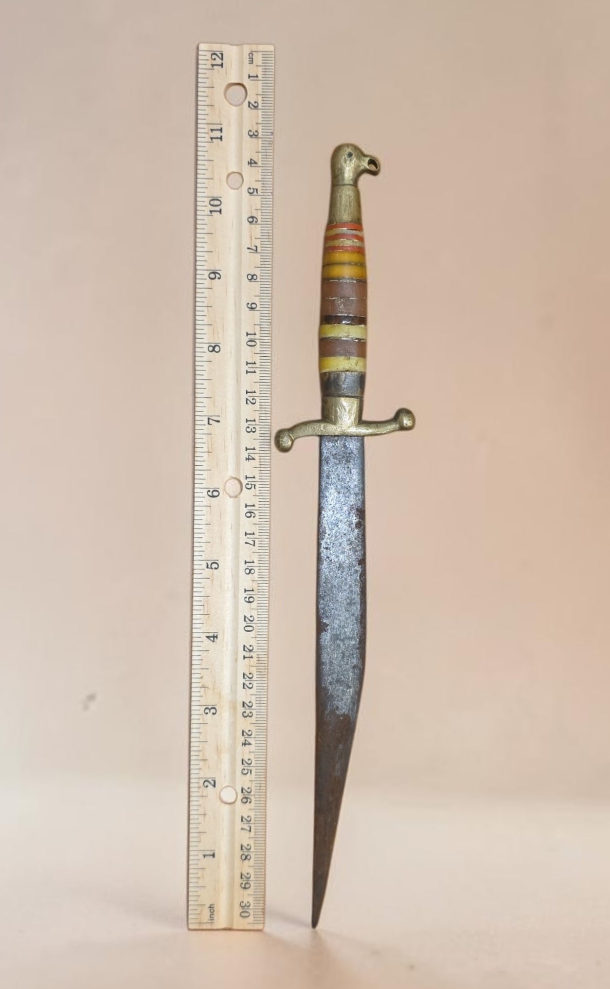 19th century Eagle Head Bowie Knife: 10.75" 19th century Eagle Head Bowie Knife, stacked banded hilt, metal pommel shaped like an eagle