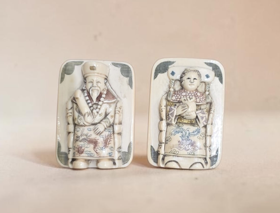 Pair of Antique Polychrome Netsuke: 2.25" Pair of Antique Polychrome Netsuke, emperor and empress, signed