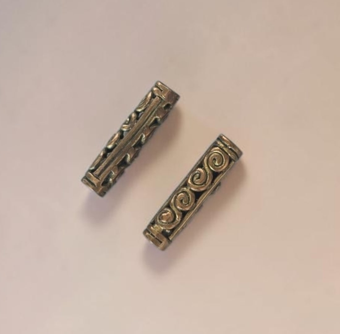 Pre-Columbian Tairona Gold Tumbaga Tube Beads: 3/4" Pre-Columbian Tairona Gold Tumbaga Tube Beads, Tumbaga Relief Tube Beads 3.8 grams, Pair Of 2, Tairona Culture 800-1200 C.E.