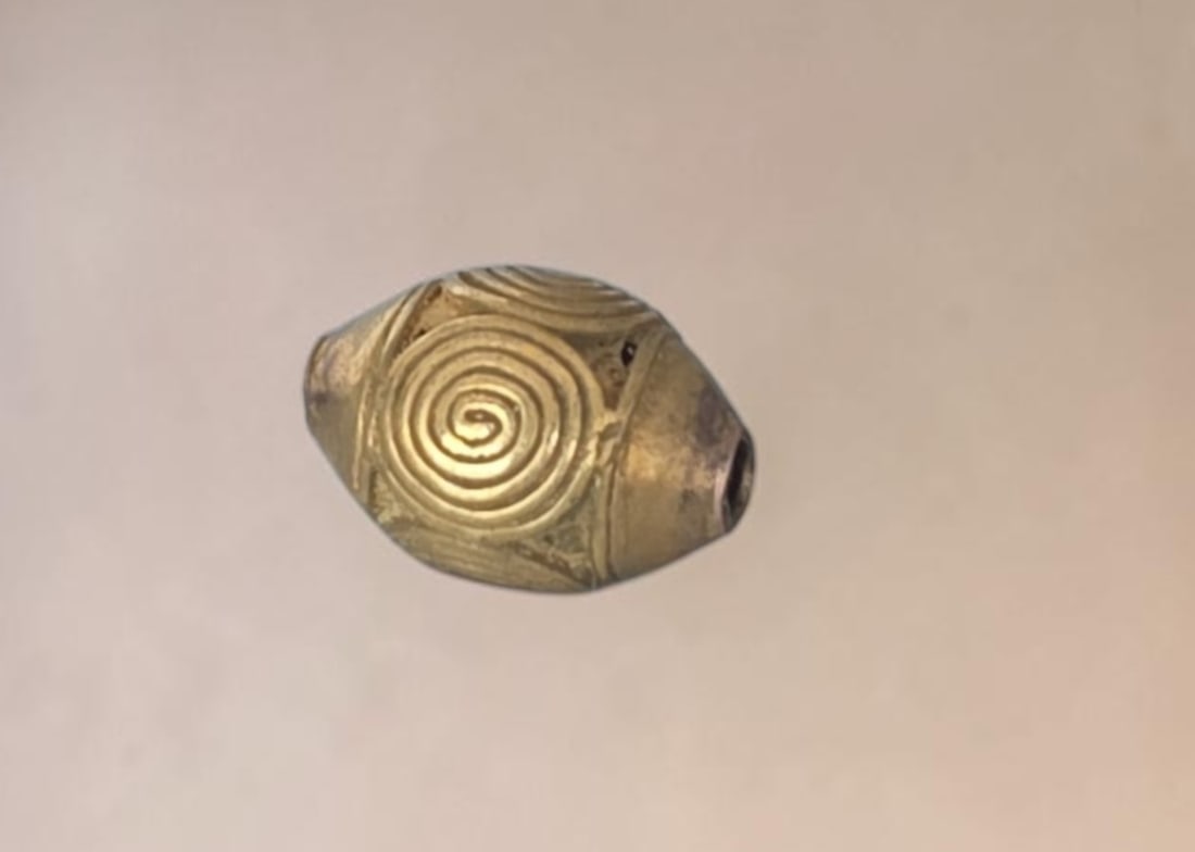Pre-Columbian Gold Tairona Spacer Bead: 1/2" Pre-Columbian Gold Tairona Spacer Bead, Relief Geometric Pattern , Tairona Culture, Colombia, 800-1200 C.E.