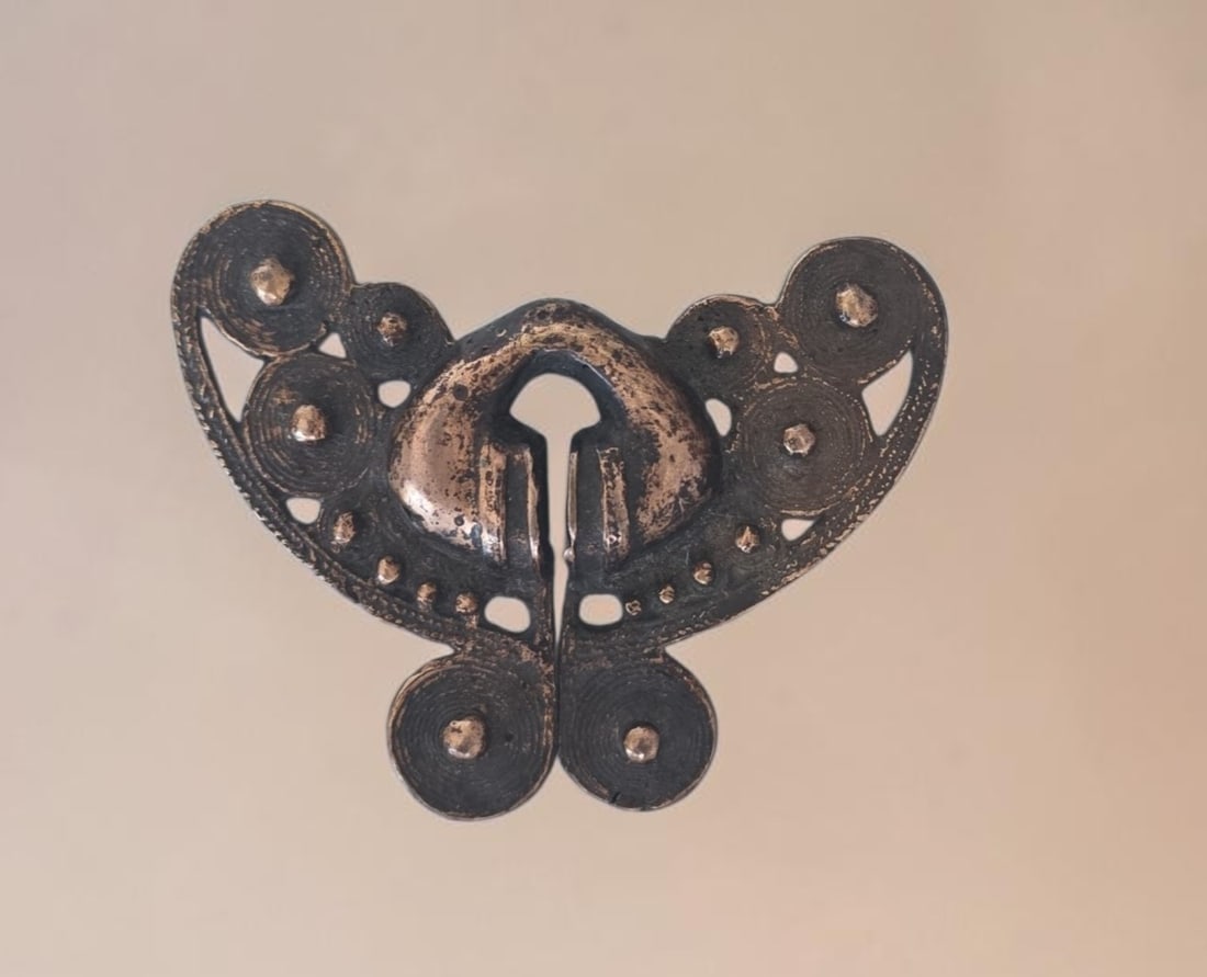 Pre-Columbian Tairona Tumbaga Butterfly Nose Ornament: 2.5" x 2" Pre-Columbian Tairona Tumbaga Butterfly Nose Ornament, Openwork Ornament, Spirals and Globular Relief Beads, Tairona Culture, Colombia, 800-1200 C.E.