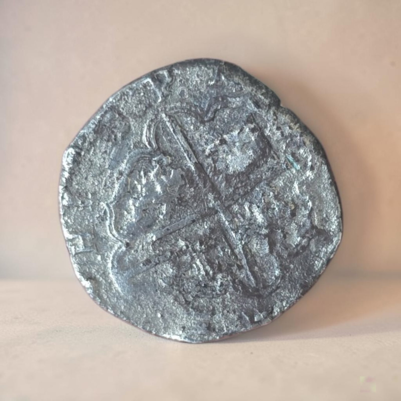 Spanish Cob Silver Coin, 8 Reale: 1" Spanish Cob Silver Coin, 8 Reale, Cross of Jerusalem and Shield Markings