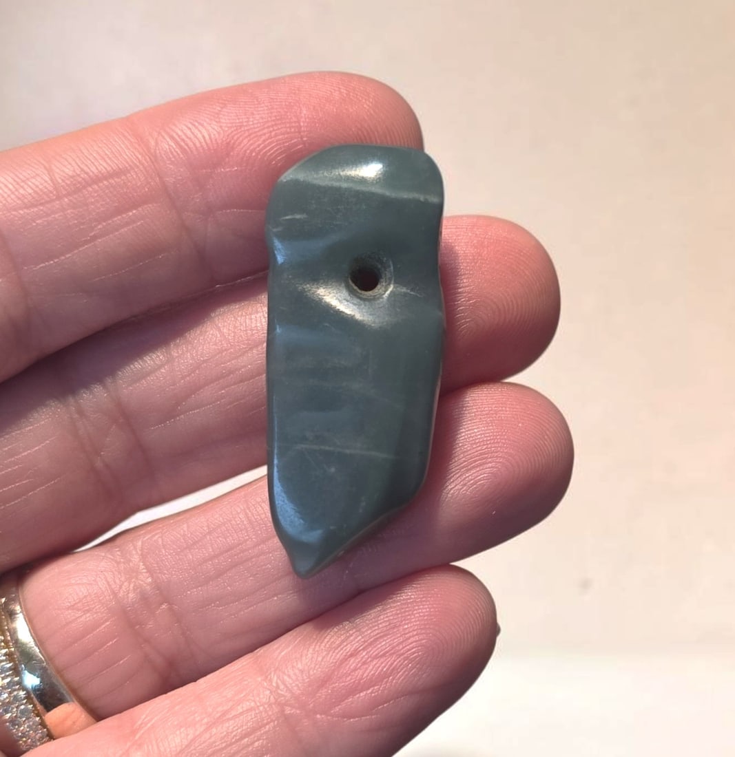 Pre-Columbian Blue Jade Carved Pendant, Costa Rica: .5" x 1.75" Pre-Columbian Blue Jade Carved Pendant, Translucent Jade, High Polish, Nicoya Costa Rica, 300-800 C.E.