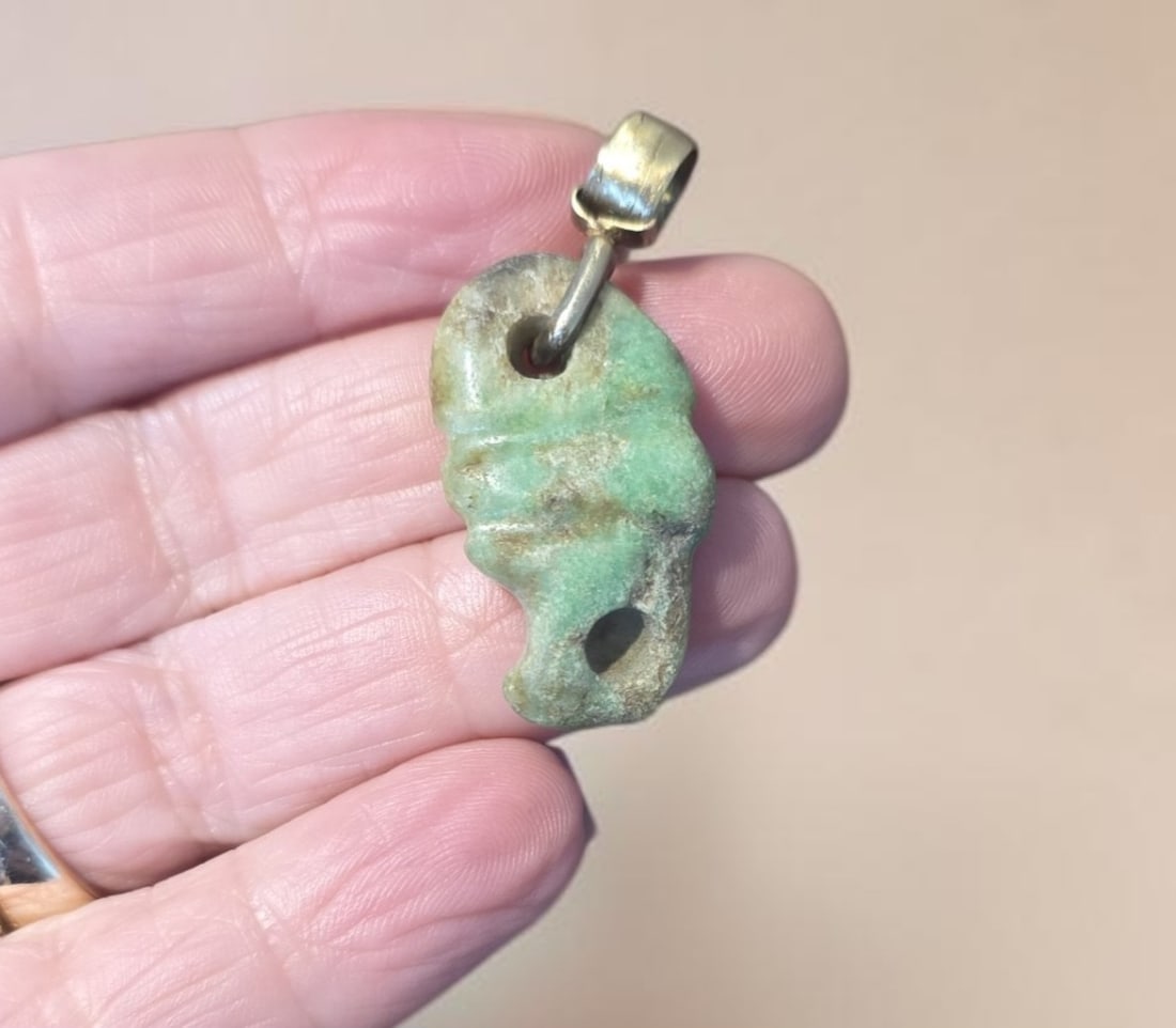 Pre-Columbian Mayan Jade Green Pendant with Gold Bail: 1.75" x 1.25" Pre-Columbian Mayan Jade Pendant with Gold Bail, Calcification, Apple Green Jade, Mesoamerica, 300-800 C.E.