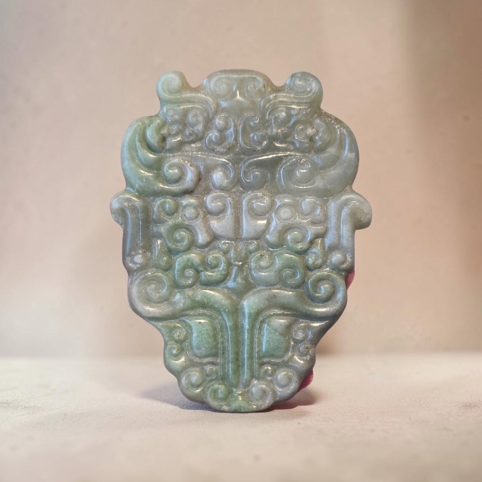 Antique Chinese Jade Openwork Pendant: 2.25" x 1.5" Antique Chinese Jade Openwork Pendant, Celadon translucent Jade, Openwork and Linear Incised Details