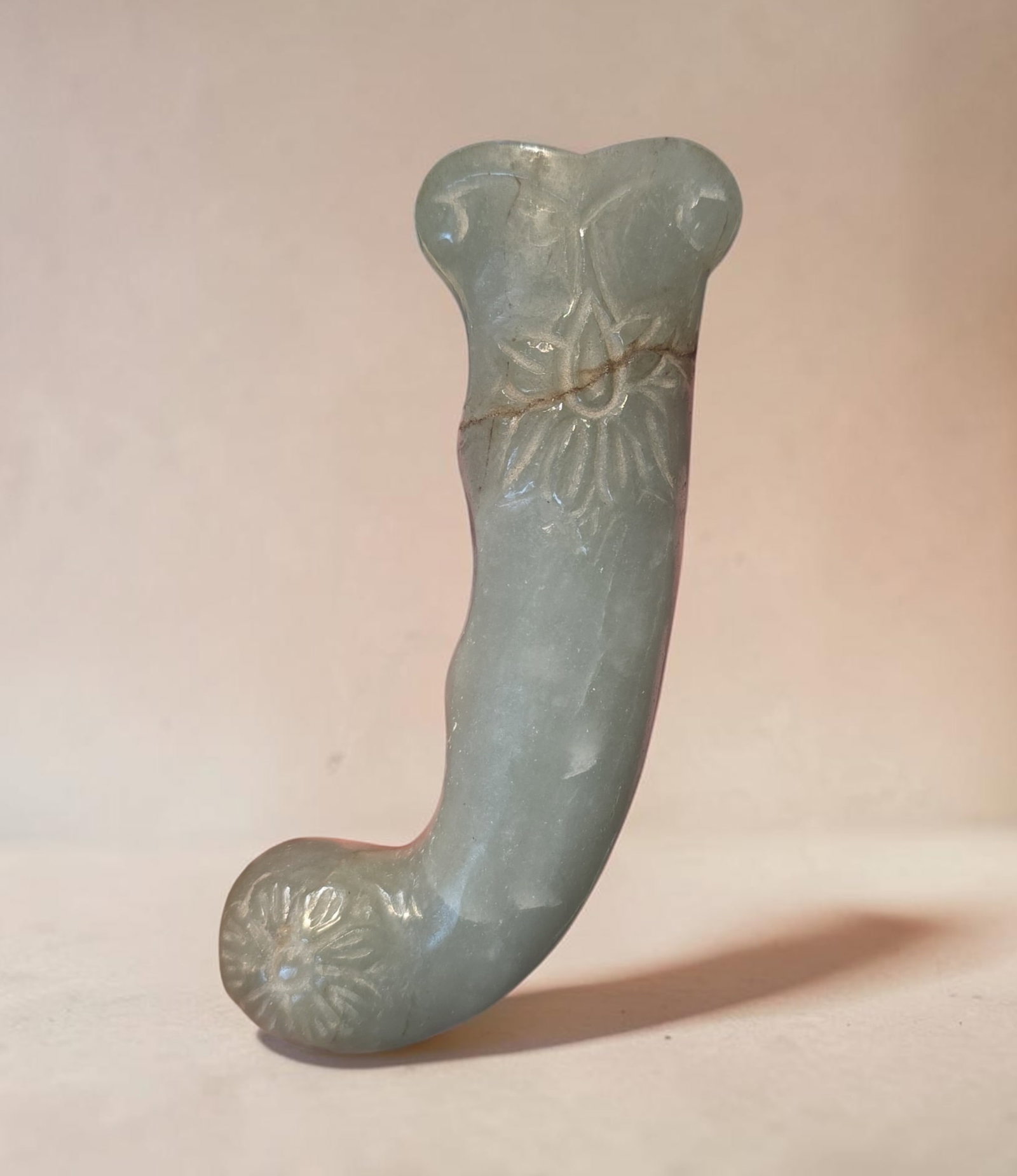 Antique Muhal Jade Dagger Handle: 4.25" x 1.5" Antique Muhal Jade Dagger Handle, Floral Relief Pattern, Celadon Jade, Translucent