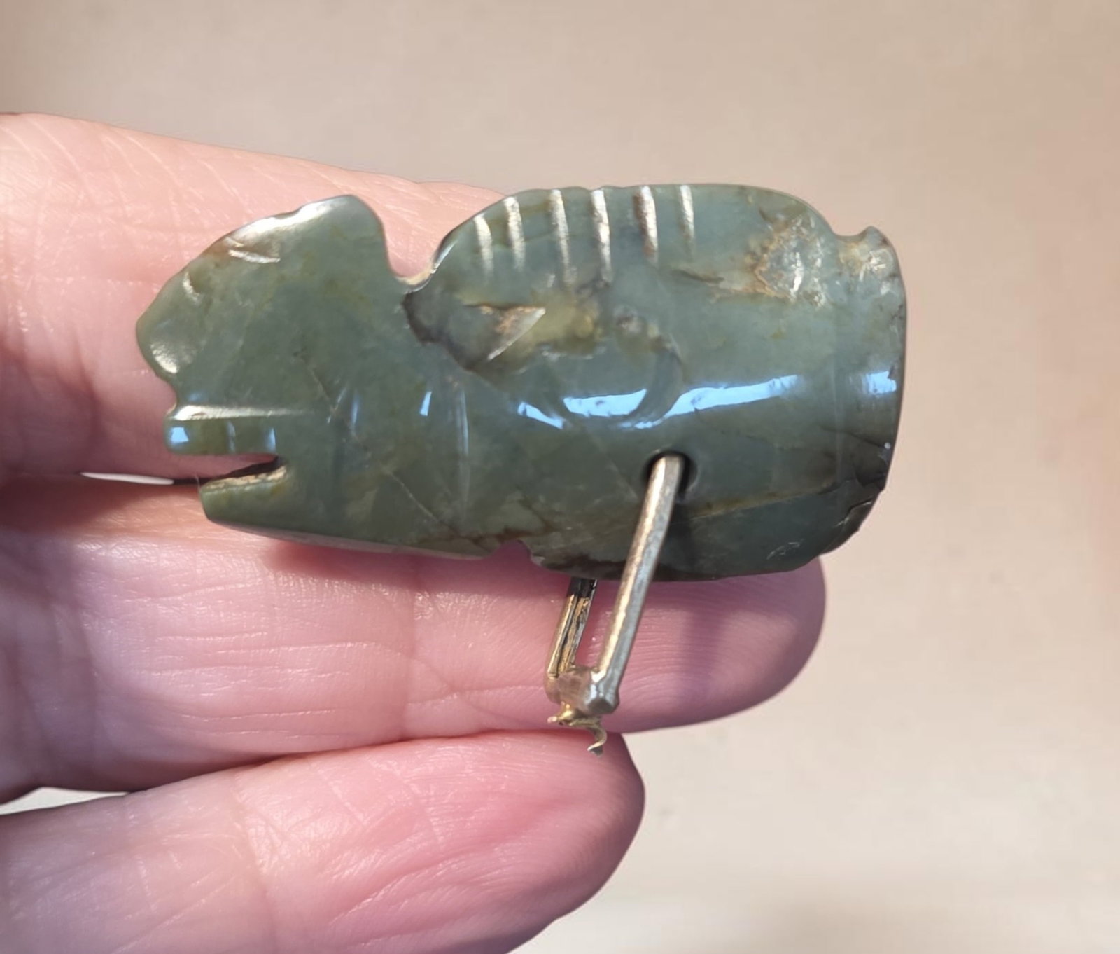 Pre-Columbian Zoomorphic Jade Pendant: 1.5" x 1" Pre-Columbian Zoomorphic Jade Pendant, translucent High Polish Jade, Human and Animal Features, Gold Bail, Nicoya Costa Rica, 600-900 C.e.