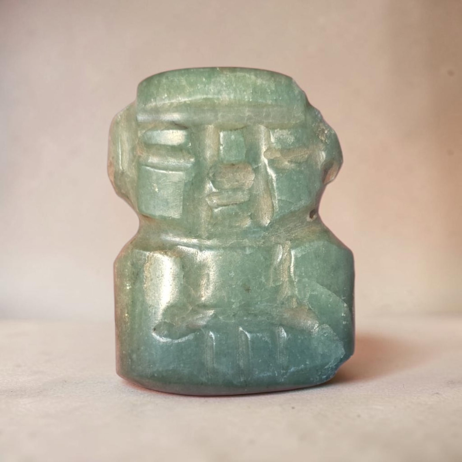 Pre-Columbian Mayan Jade Effigy Pendant: 1.25" x 1.5" Pre-Columbian Mayan Jade Effigy Pendant, Jadeite Jade, Translucent Jade, Abstract Human Features, Ceremonial Halfback, Mesoamerica, 300-800 C.E.