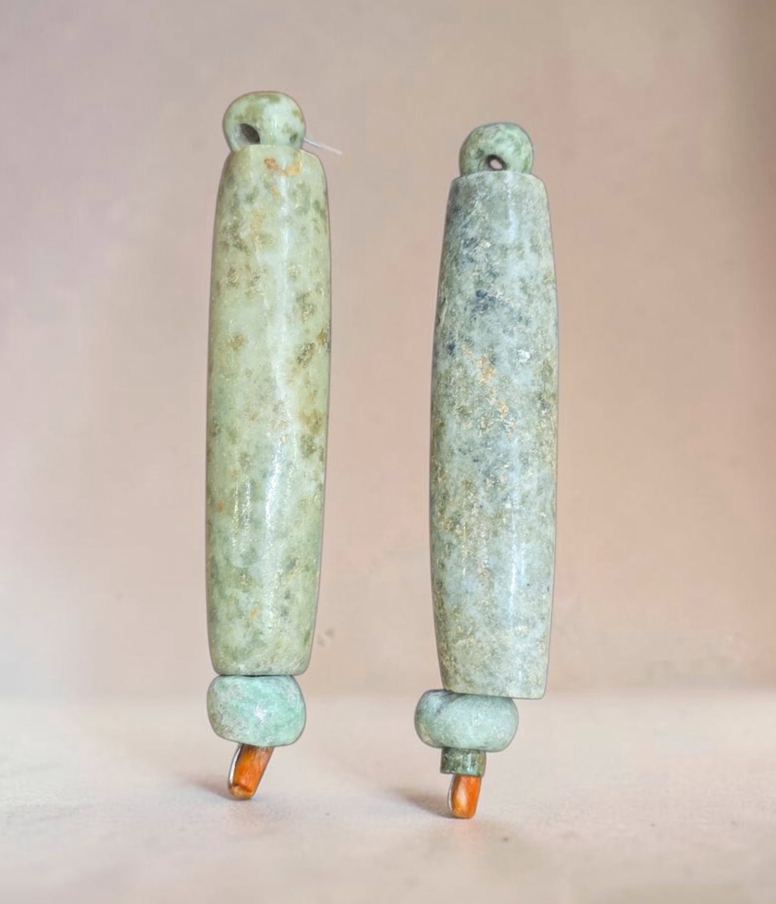 Pre-Columbian Mayan Jade Assemblage, Pair of 2: 3.25" x .5" Pre-Columbian Mayan Jade Assemblage, Pair of 2, High Polish Jade Beads, Large Jade Bead, Mesoamerica, 300-800 C.E.