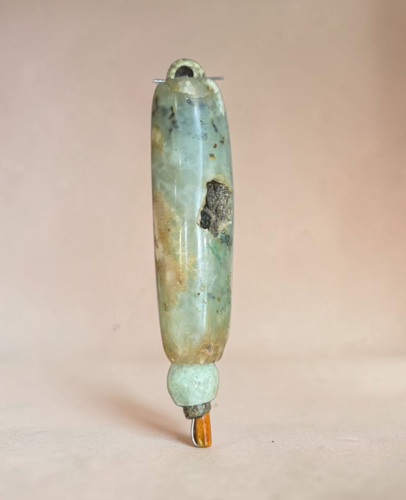 Pre-Columbian Mayan Jade Assemblage: 3.25" x .5" Pre-Columbian Mayan Jade Assemblage, High Polish Jade Beads, Large Jade Bead, Mesoamerica, 300-800 C.E.