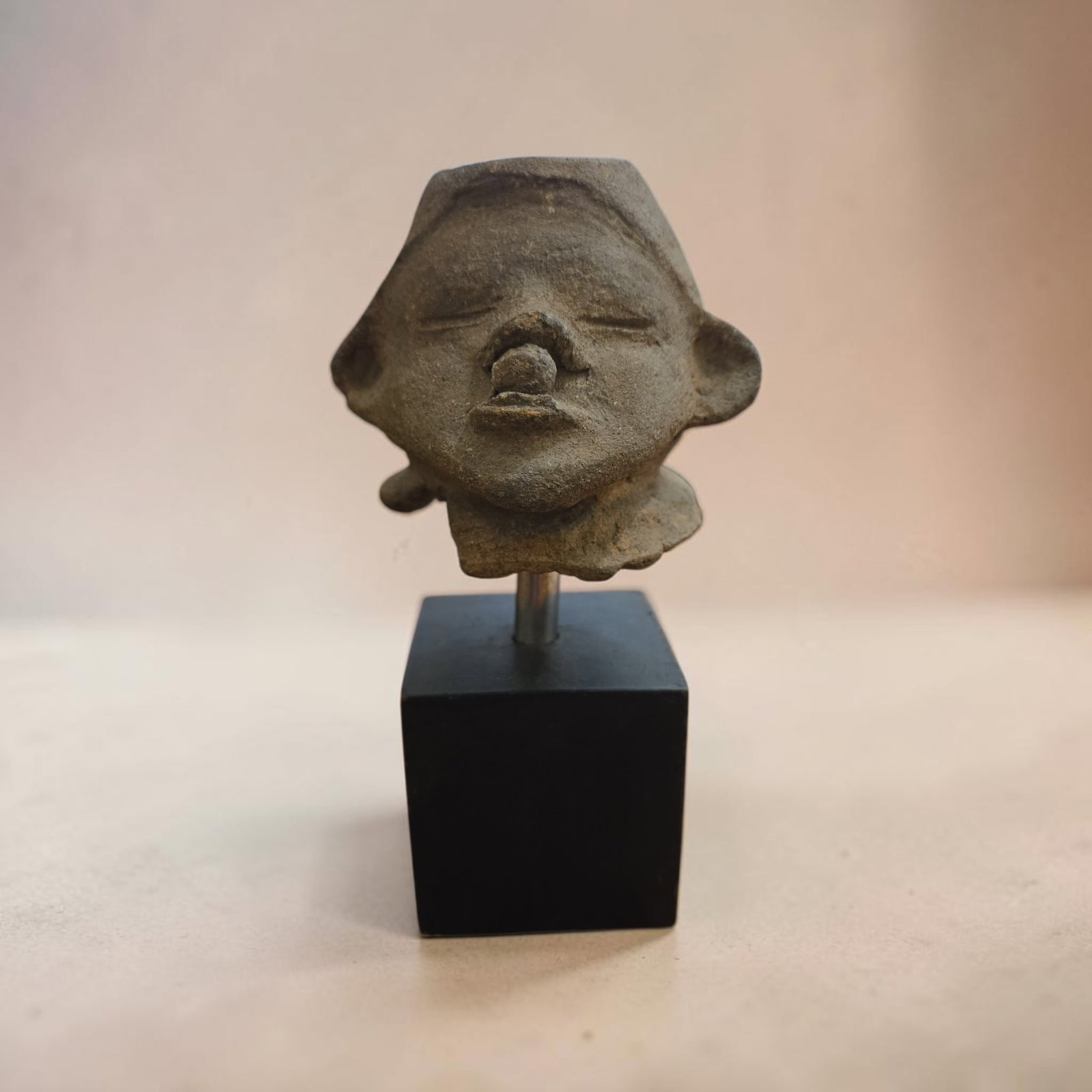 Pre-Columbian Clay Head Fragment: 8" Pre-Columbian Clay Head Fragment, Ceremonial Head Offering, Custom Wood Base, Mesoamerica, 300-800 C.E.