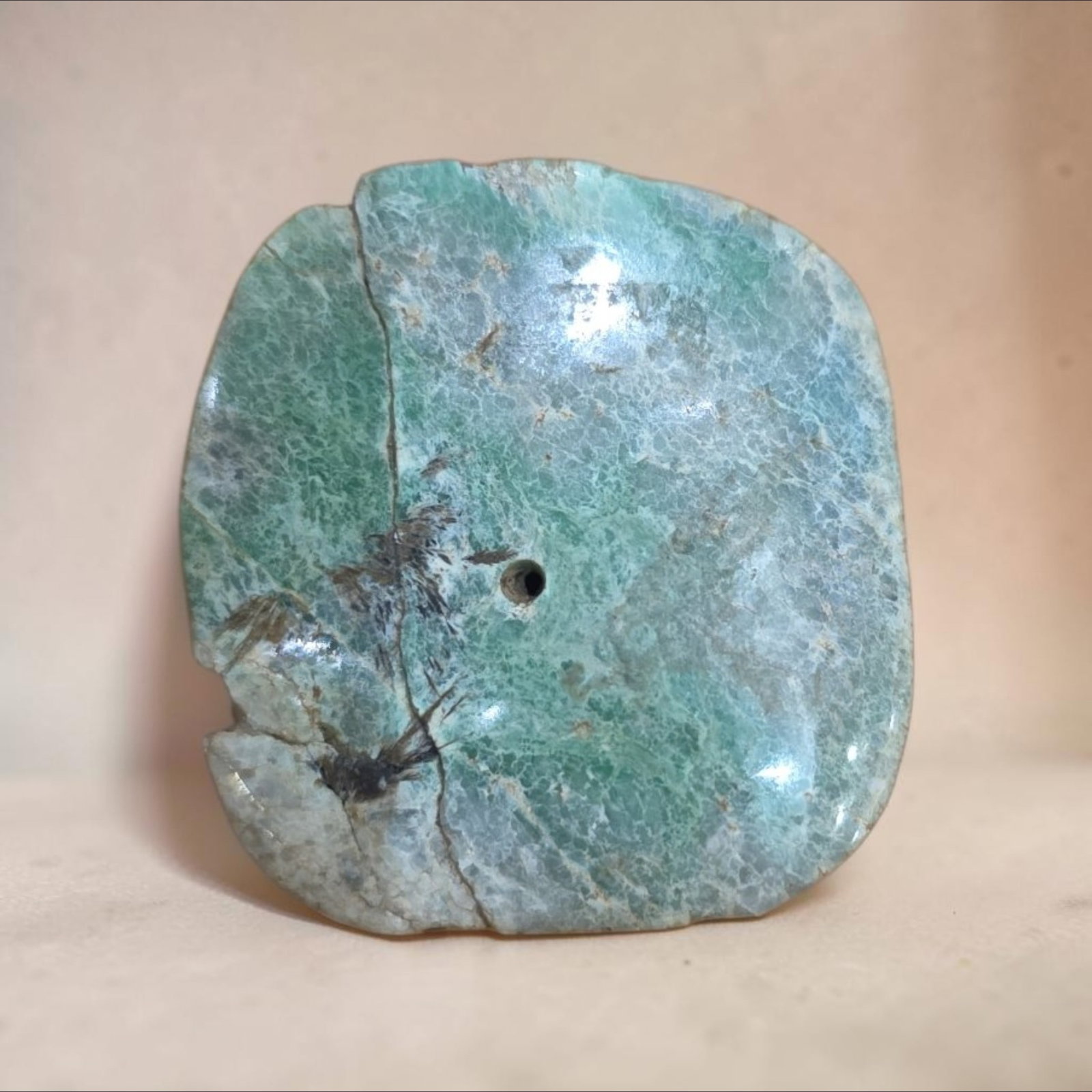 Pre-Columbian Mayan blue jade ear flair: 1.25" x 1.25" Pre-Columbian Mayan blue jade ear flair, Mineral deposits, High polished jade , Mayan culture , Mesoamerica , 300-800 C.E.