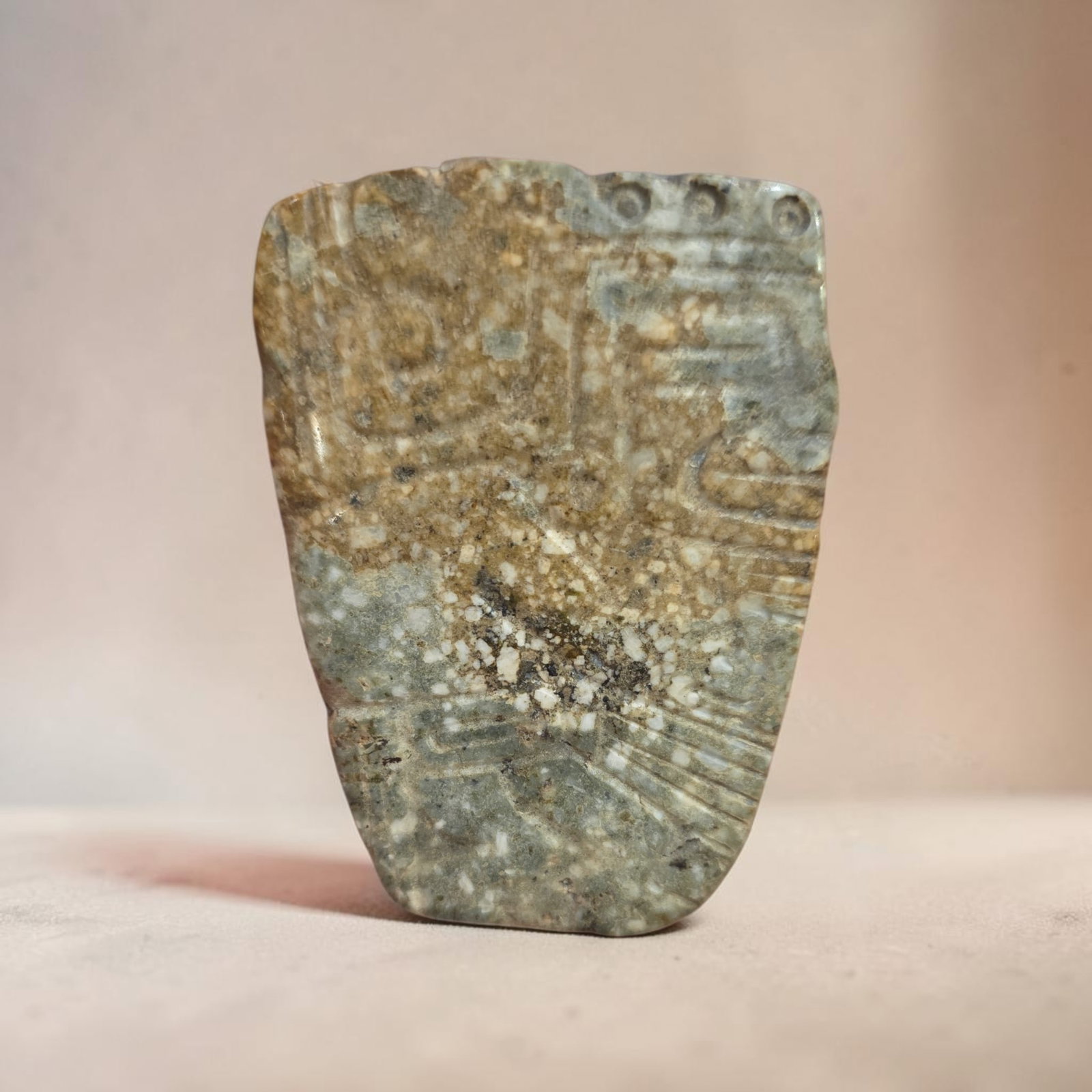 Large Pre-Columbian Mayan pectoral pendant: 3" x 2.25" Large Pre-Columbian Mayan pectoral pendant, Large Jade Pendant with Incised Line Depiction, Heavy Patina, Calcification, Holes for Suspension, Mesoamerica, 300-800 C.E.