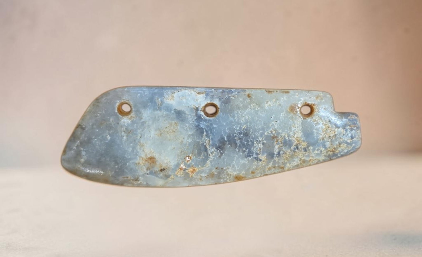 Pre-Columbian Jade Pectoral Pendant: 1" x 3.25" Pre-Columbian Jade Pectoral Pendant, translucent jade, mineral deposits, high polish, mesoamerica, exact age and origin unknown
