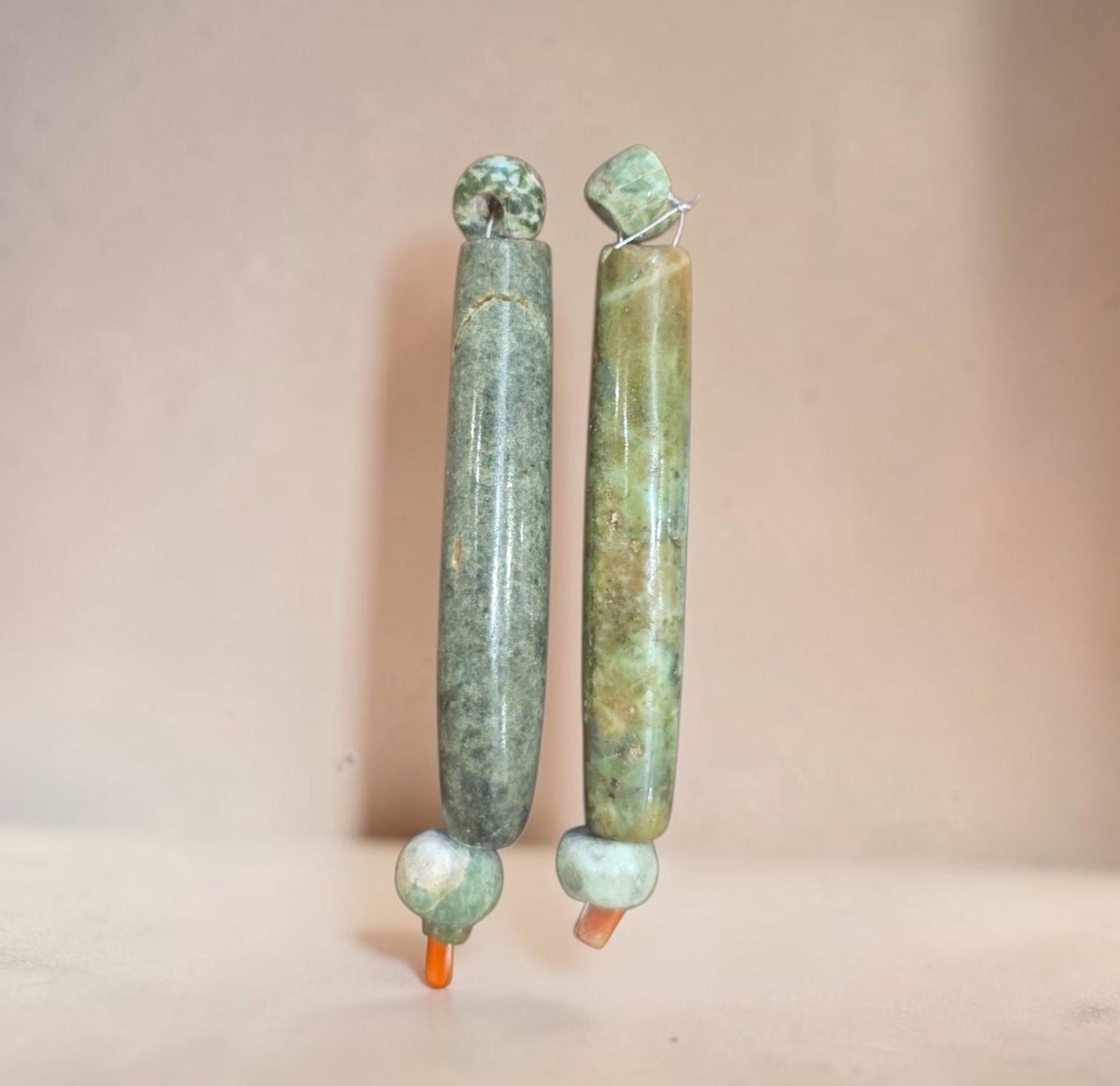 Pre-Columbian Mayan Jade Assemblage, Pair of 2: 3.5" x .5" Pre-Columbian Mayan Jade Assemblage, Pair of 2, High Polish Jade Beads, Large Jade Bead, Mesoamerica, 300-800 C.E.