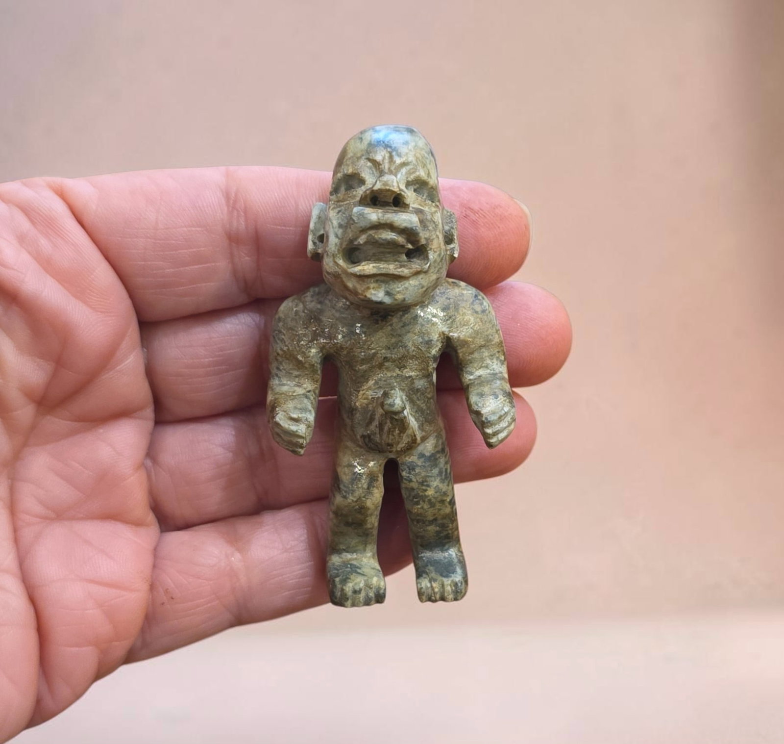 Pre-Columbian Jade Olmec standing figure: 2.75" x 1.25" Pre-Columbian Jade Olmec standing figure , Transformation figure, high polish jade, mineral deposits,Olmec Culture 200 B.C.E.- 200 C.E.