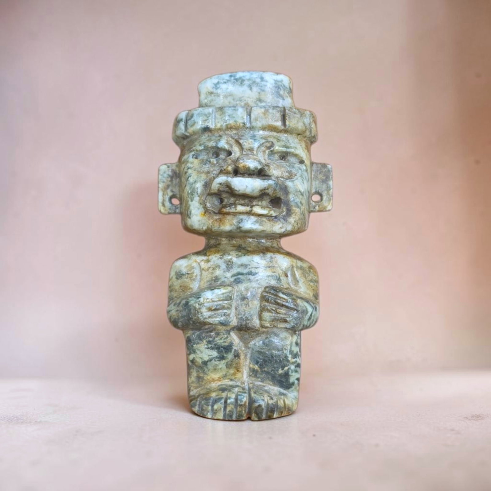 Pre-Columbian Olmec Standing Were-Jaguar Figure: 3" x 1.25" Pre-Columbian Olmec Standing Were-Jaguar Figure, Goggle Eyes, Serpentine, Barred upper lip and blocky head, Olmec Culture, 200- B.C.E.- 200 C.E.