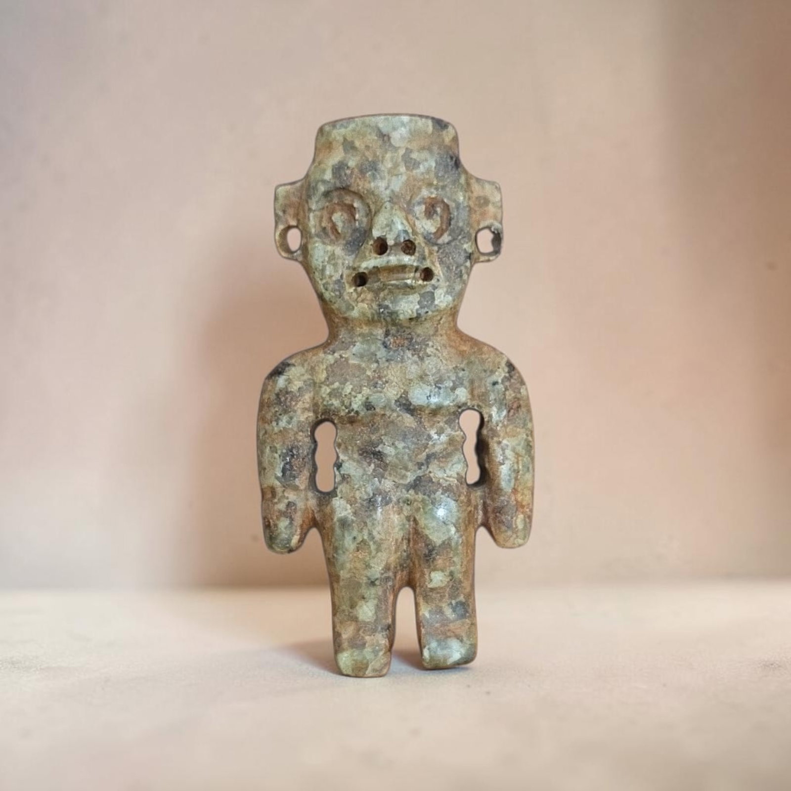 Pre-Columbian mezcala standing figure: 3.25" x 1.5" Pre-Columbian mezcala standing figure, Jade Standing Figure, Heavy Patina and Calcification, anthropomorphic, perforated ear spools, suspension holes, incised facial structure, Mezcala Cu