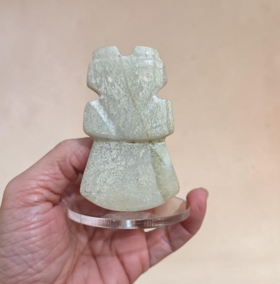 Pre-Columbian Avian Jade Celt: 1.5" x 3" Pre-Columbian Avian Jade Celt, Translucent High Polish Jade, Mineral Deposits, Calcification, Nicoya Costa Rica 500-900 C.E.