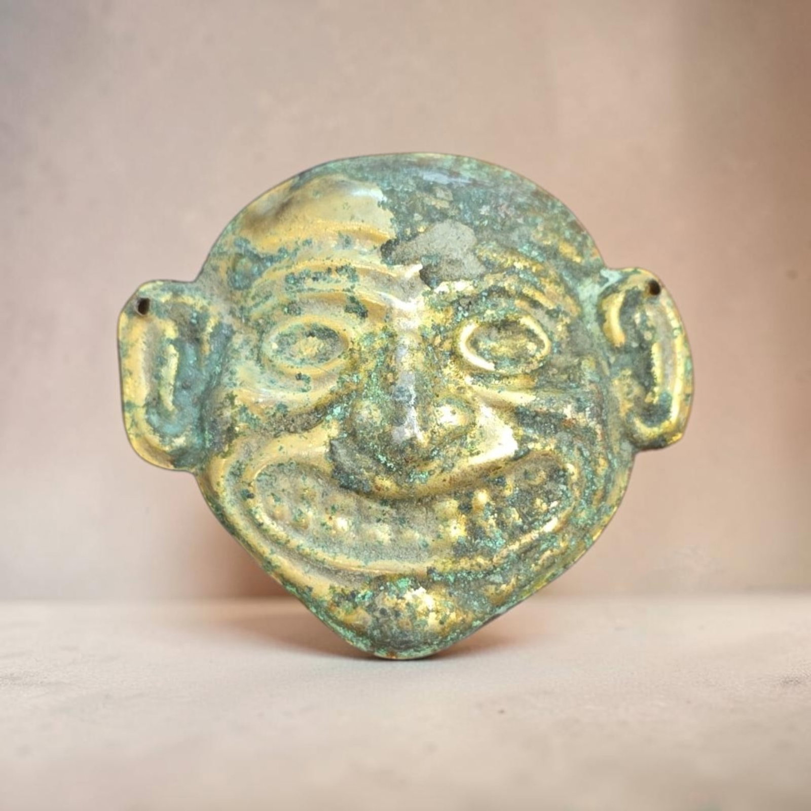 Pre-Columbian Moche Face Mask Ornament, Tumbaga (1 of 2)