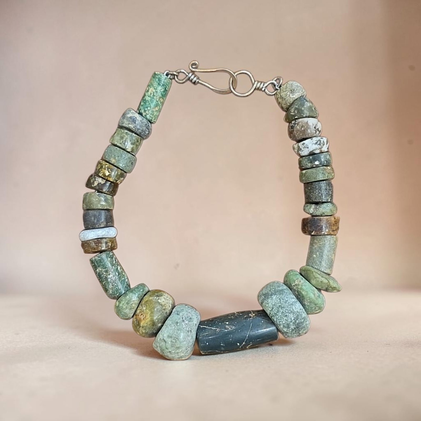 Pre-Columbian Mayan Jadeite Jade Beaded Bracelet: 8.5" Pre-Columbian Mayan Jadeite Jade Beaded Bracelet, High Polish Jadeite Jade Beads, Translucent Jade, Unisex Bracelet, Mesoamerica, 300-800 C.E.
