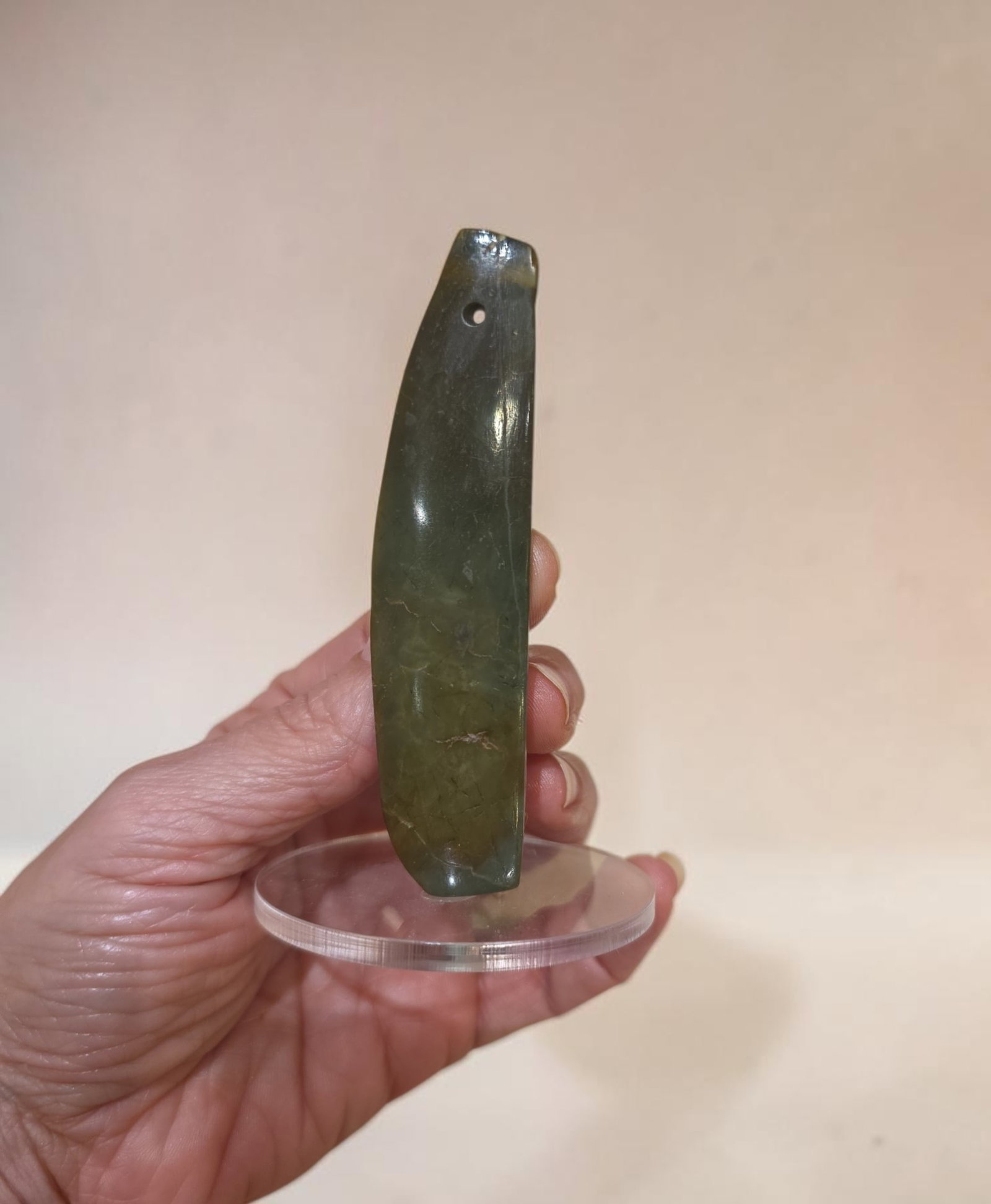 Pre-Columbian Jade Celt, Nicoya Costa Rica: 3.25" x .75" Pre-Columbian Jade Celt, Jadeite Jade, High Polish, Translucent Jade, Nicoya Costa Rica, 500-900 C.E.