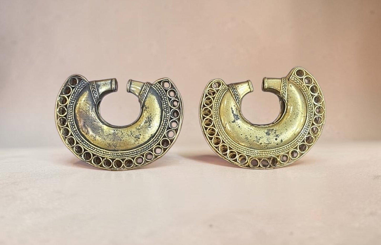 Pre-Columbian Tairona Crescent Nose Rings, Pair of 2: 2.5" x 2" Pre-Columbian Tairona Crescent Nose Rings, Pair of 2, Tumbaga nose rings worn by high-status individuals and shamans, Lost-Wax Method Tumbaga Nose Rings, Thick Inner Crescent Ring with an In